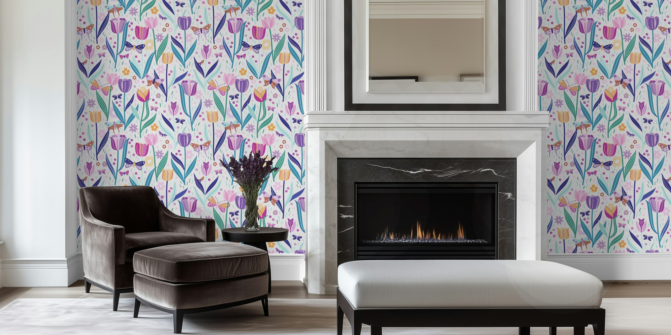 Colorful floral pattern with tulips and butterflies wallpaper