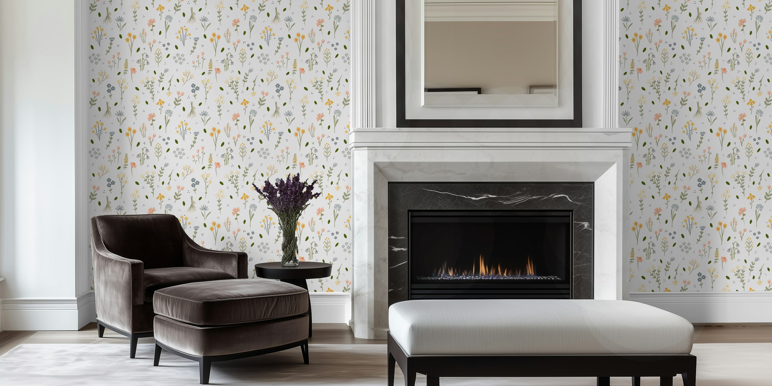 Carta da parati Wildflower Fields con delicati fiori color pastello e motivi a fogliame