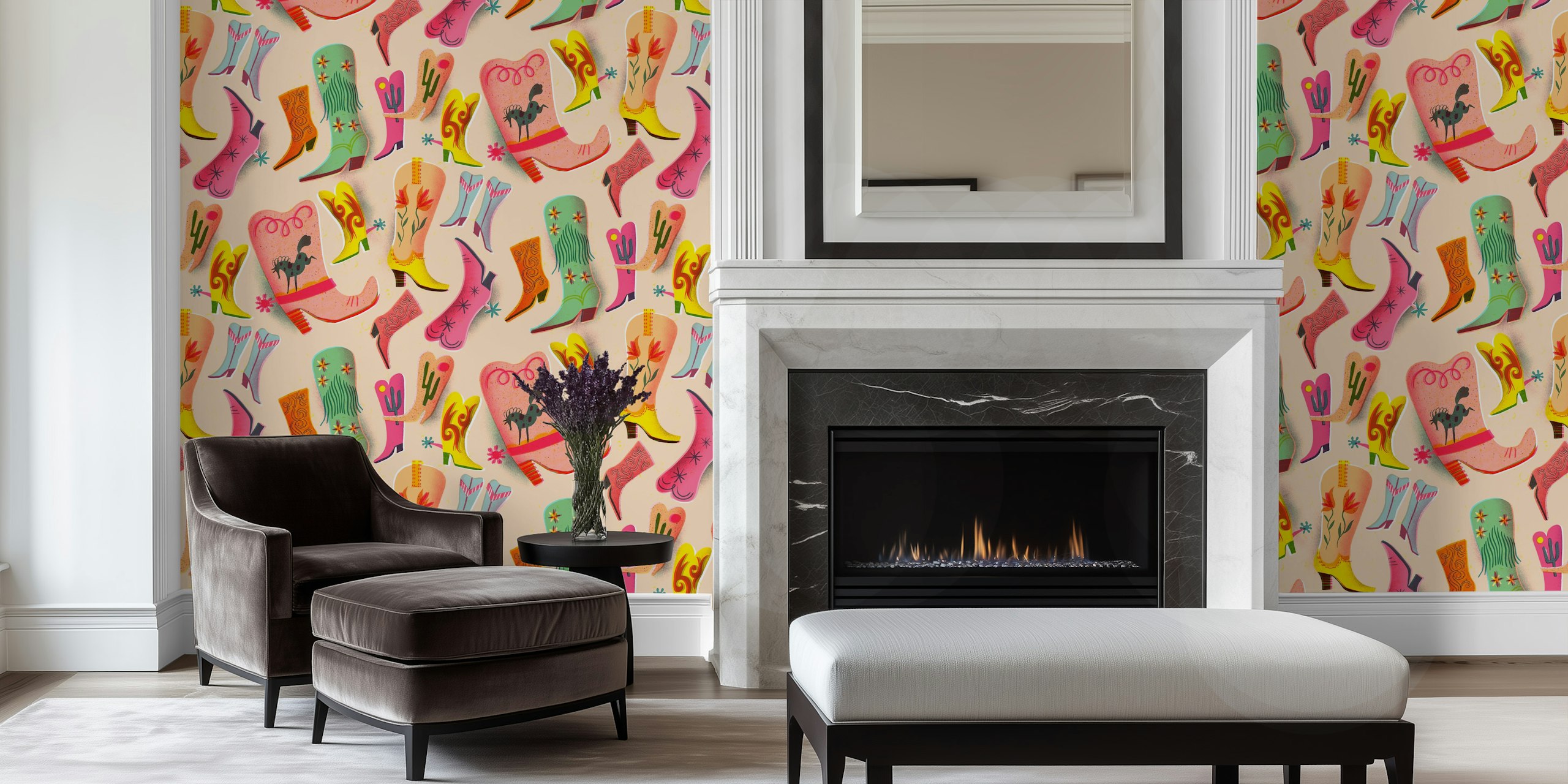 Colorful cowboy boots in shades of pink, green, and yellow wallpaper