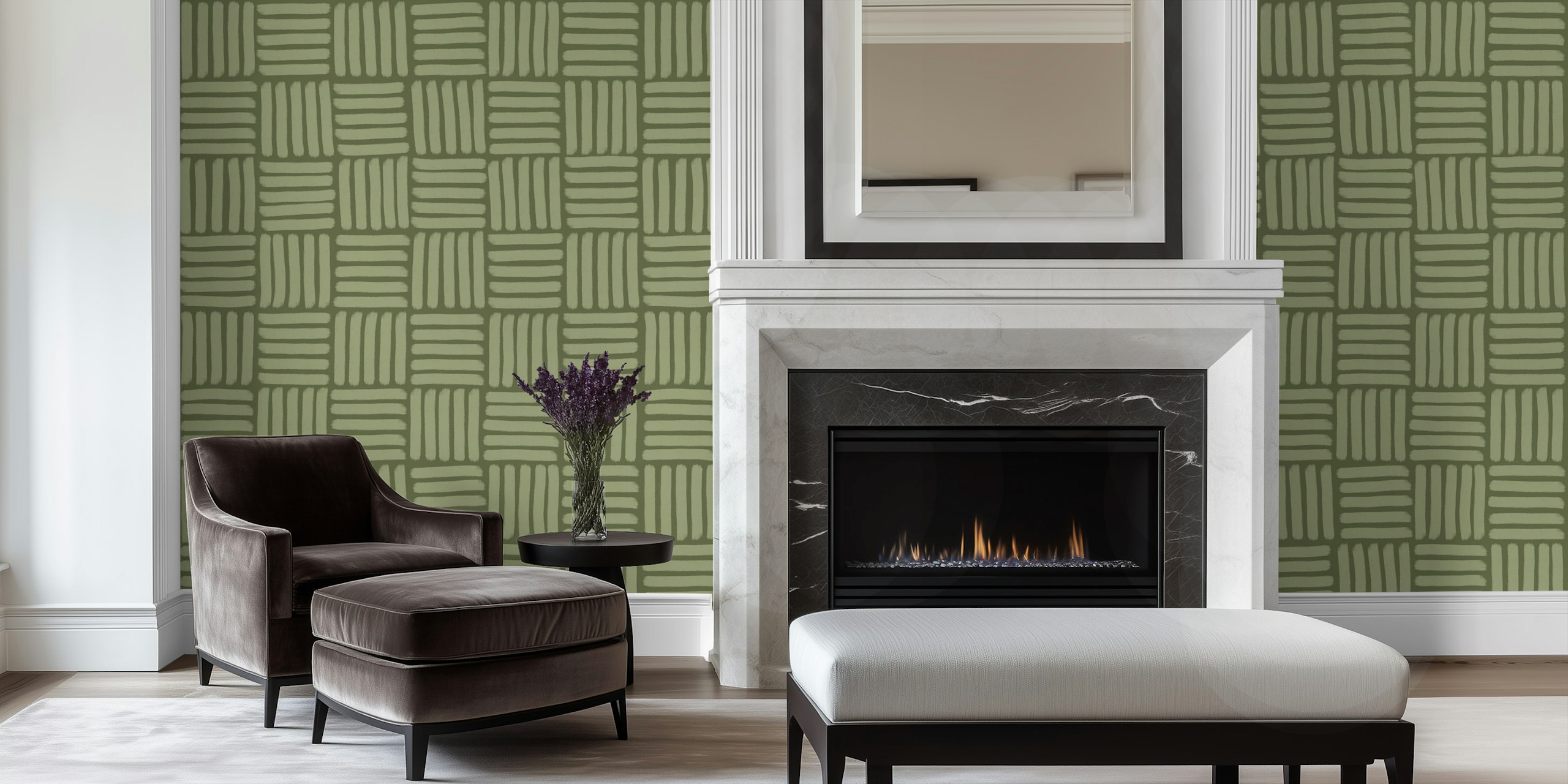 Basketweave pattern in light green and moss green wallpaper