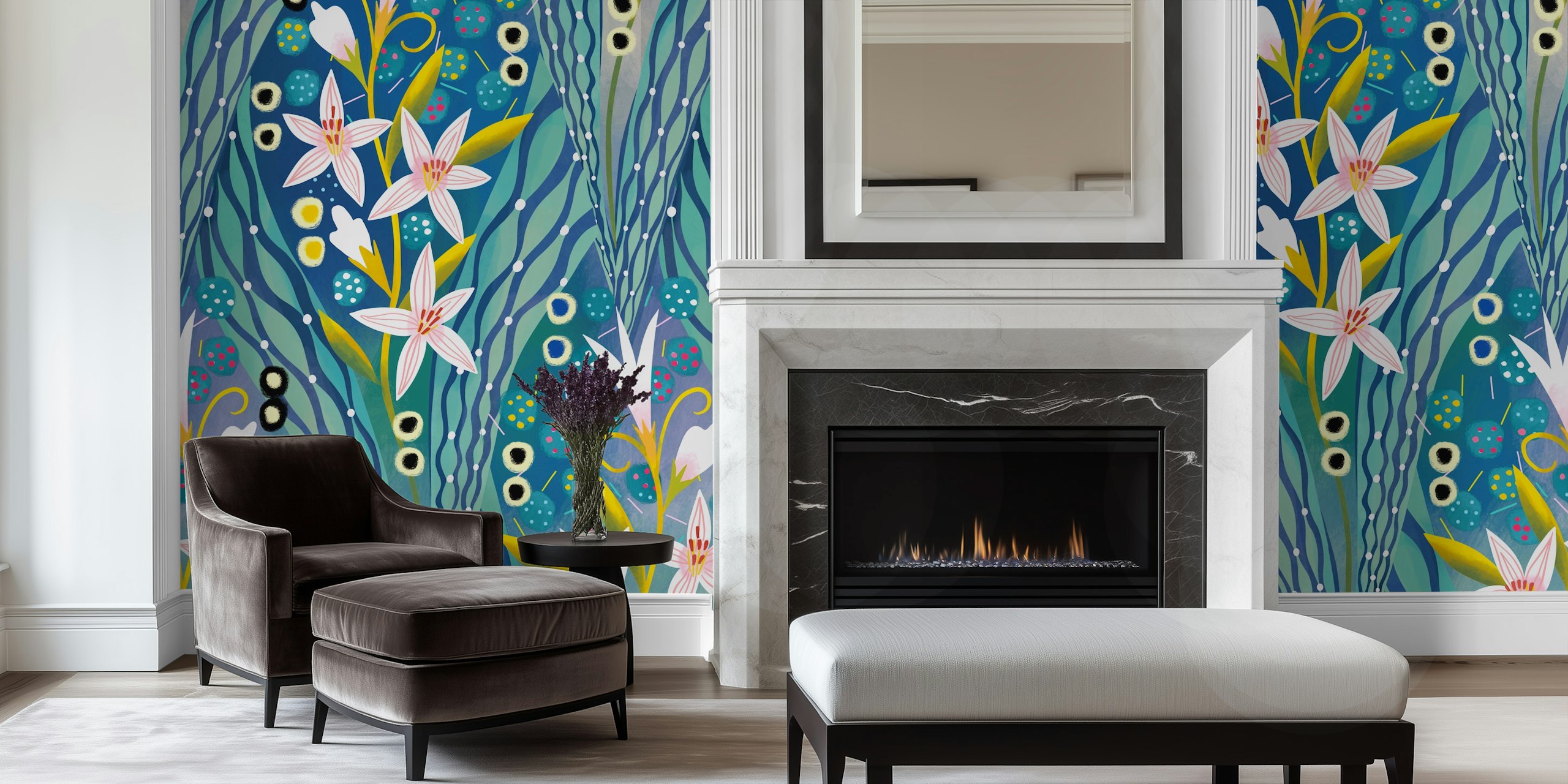 Art deco lilies wallpaper design in a room