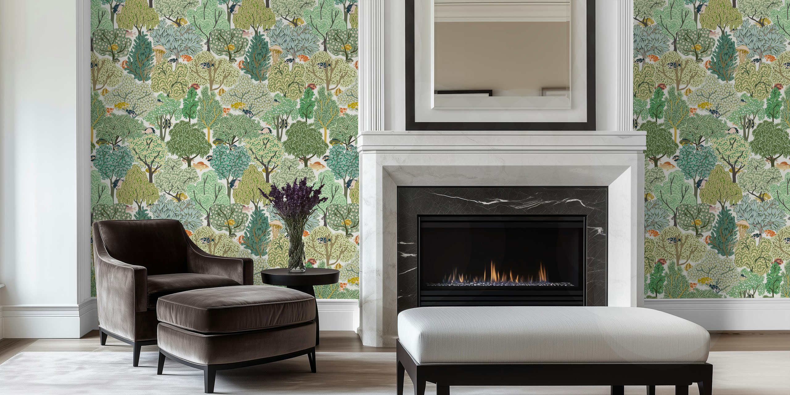 Various green trees and foliage in a patterned design wallpaper