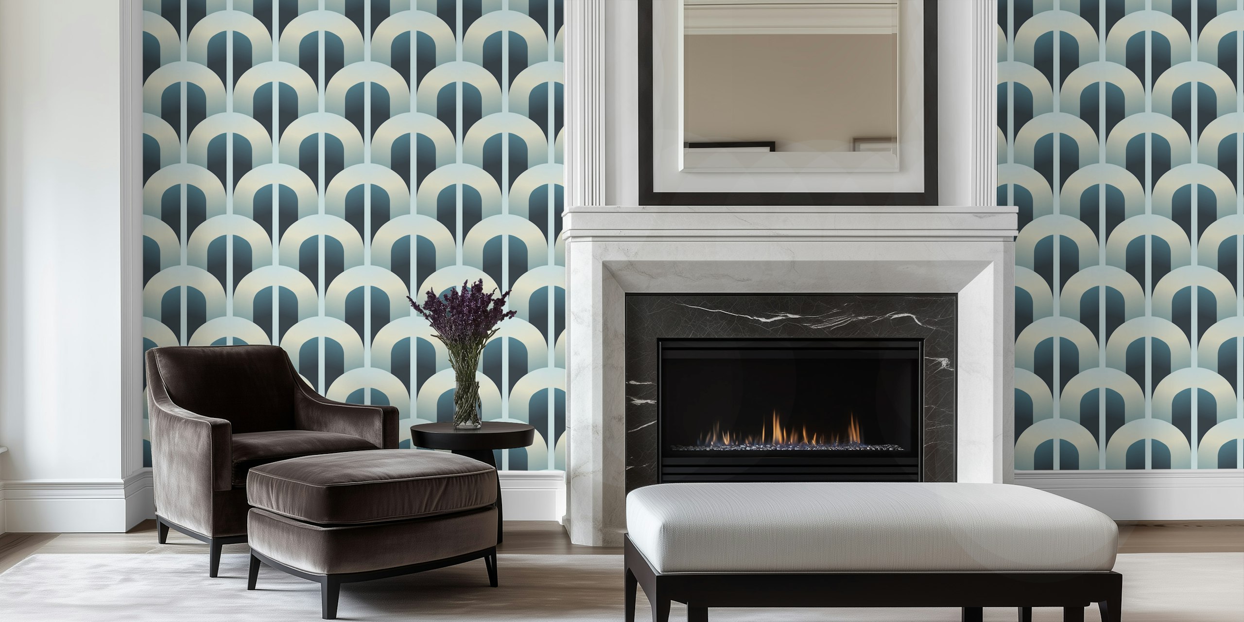 Blue gate wallpaper displayed in a room