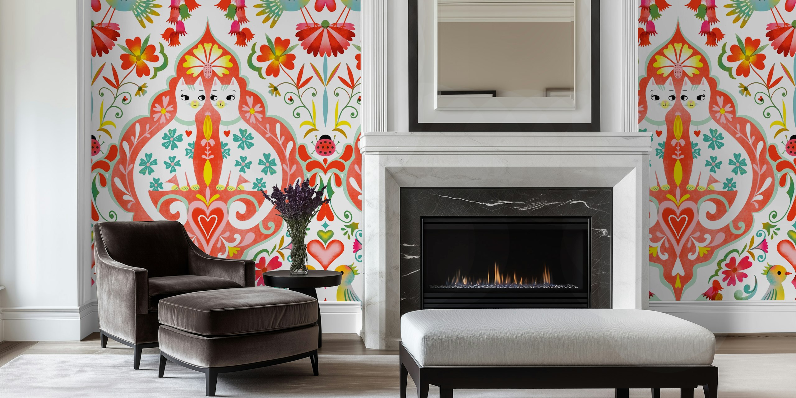 Värikäs kissa ja lintu kuvio tapetti esittely