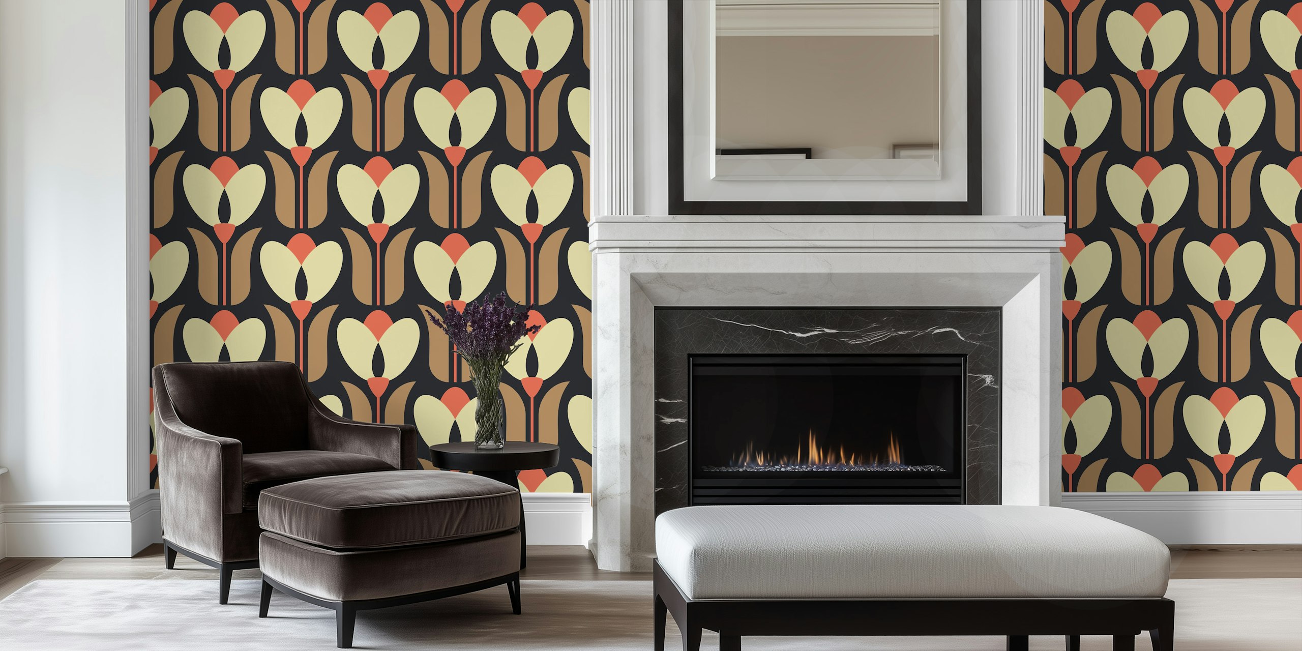 Stylized tulips in brown, pink, and cream on black background wallpaper