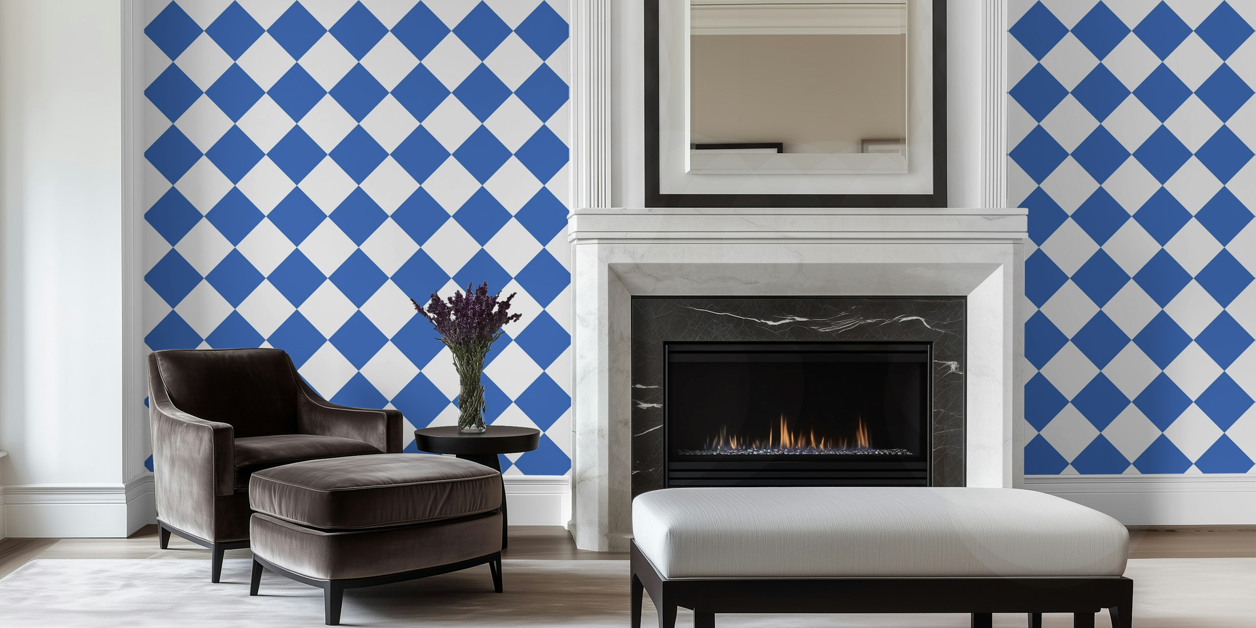 Diagonal Checkerboard Large - Blue White