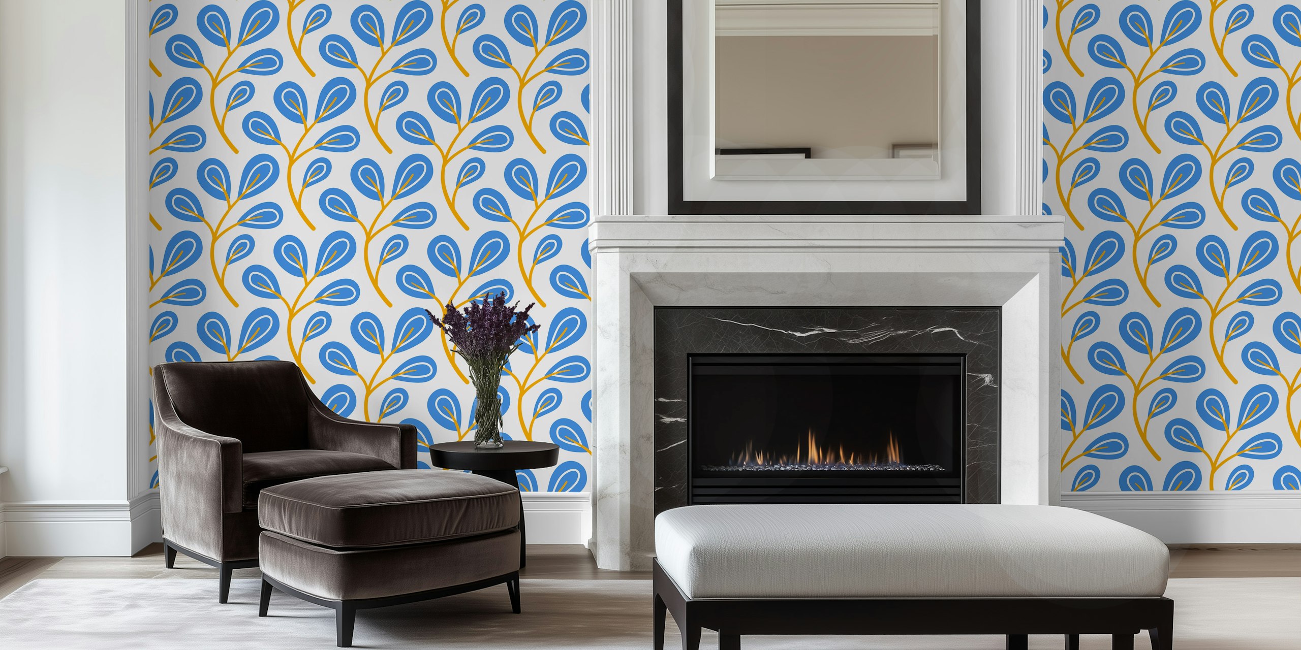 Hand-drawn blue leaves with golden stems on white background wall mural