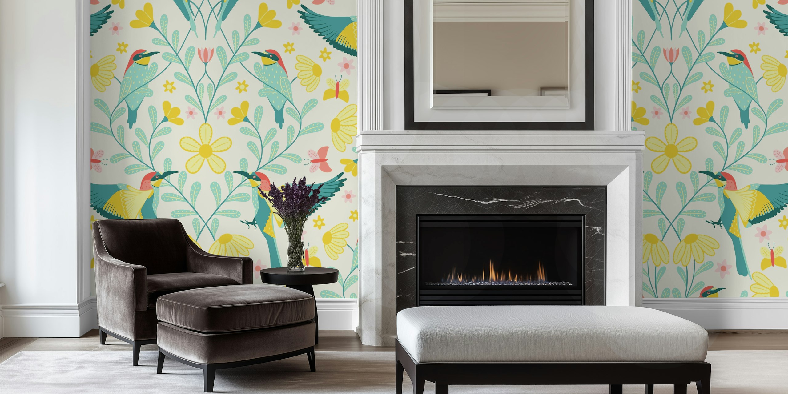 Colorful birds and flowers pattern wallpaper