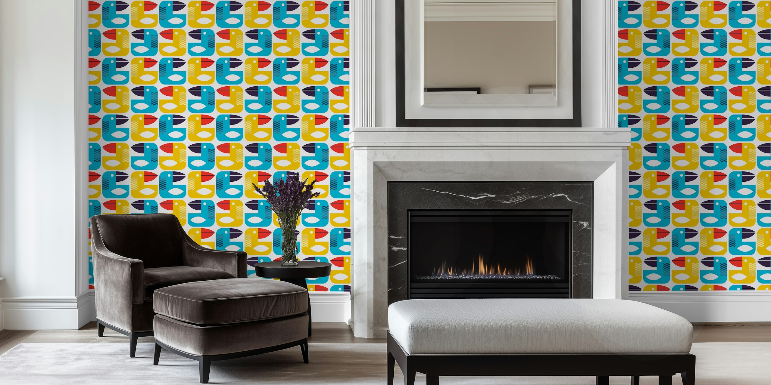 Colorful geometric parrot shapes in blue, yellow, and red wallpaper