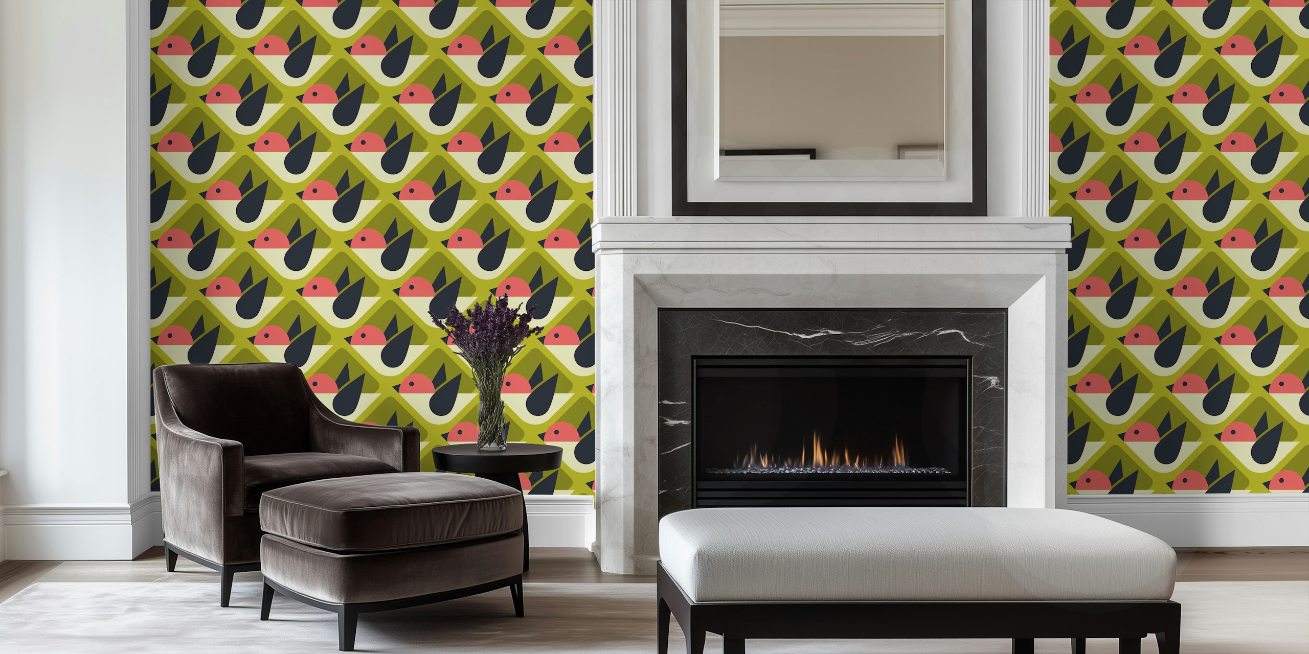 Geometric pattern featuring retro birds in green and pink wallpaper
