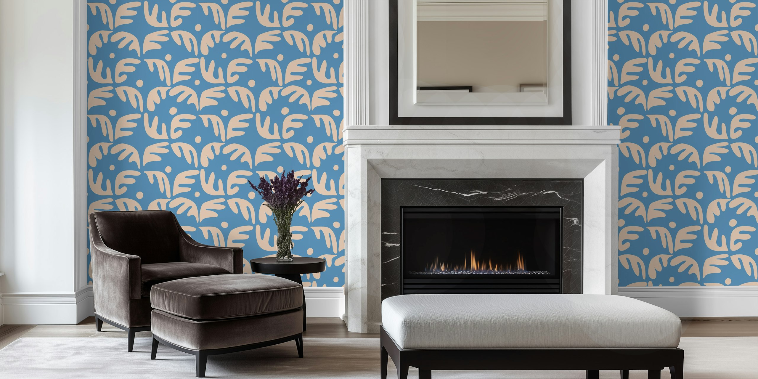 Palms in baby blue wallpaper in a room