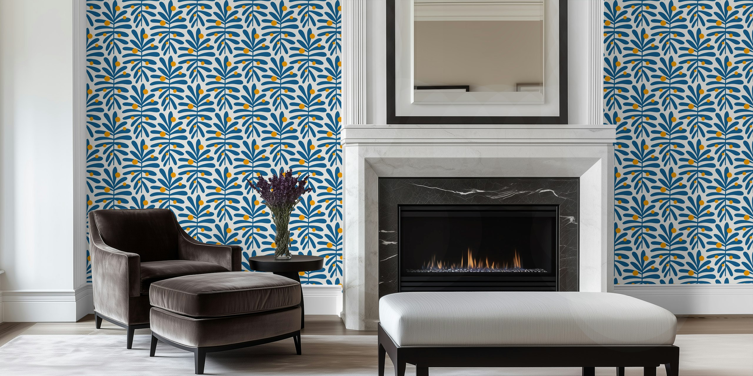 Abstract blue and yellow leaves wallpaper design