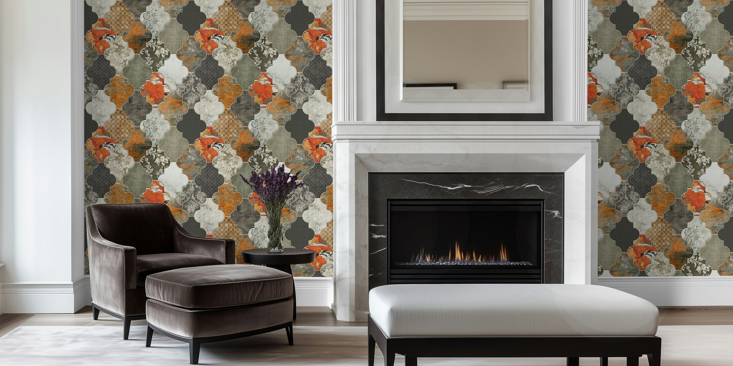 Vægmaleri med marokkanske fliser med stort patchwork-design i orange, grå og hvid