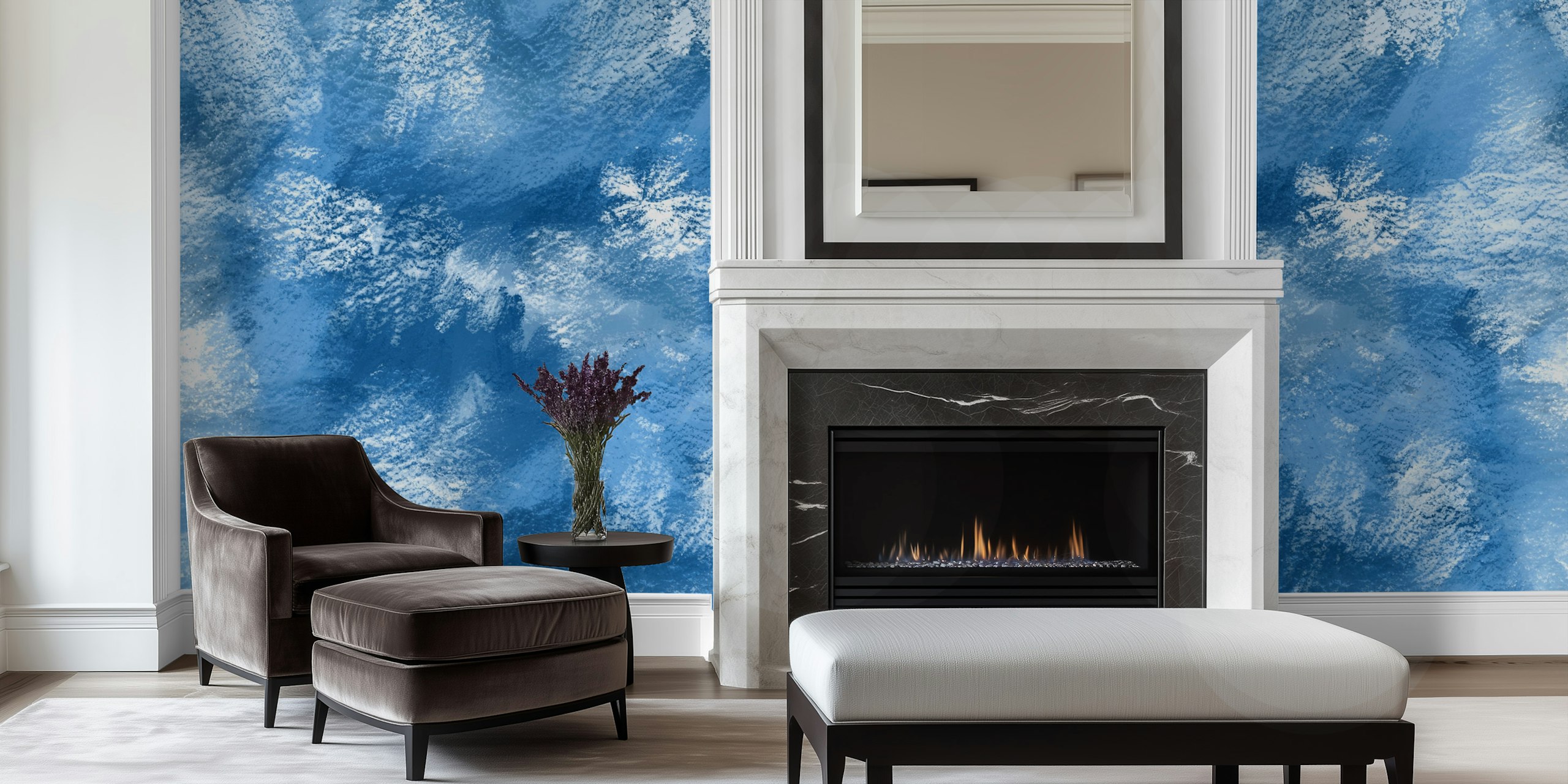 Blue painterly wallpaper displayed in a room