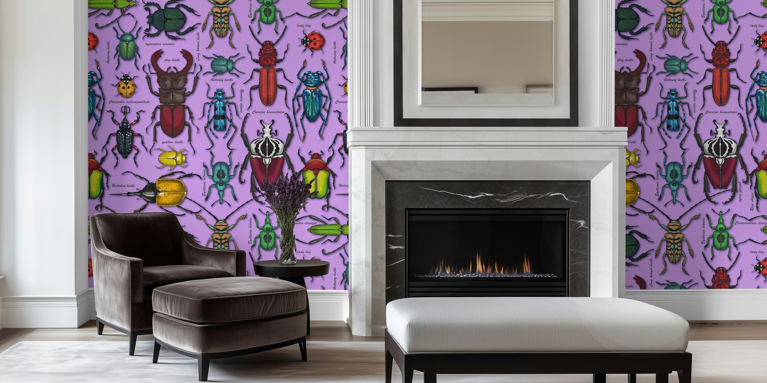 Colorful beetles illustrated on a lilac-colored background wall mural