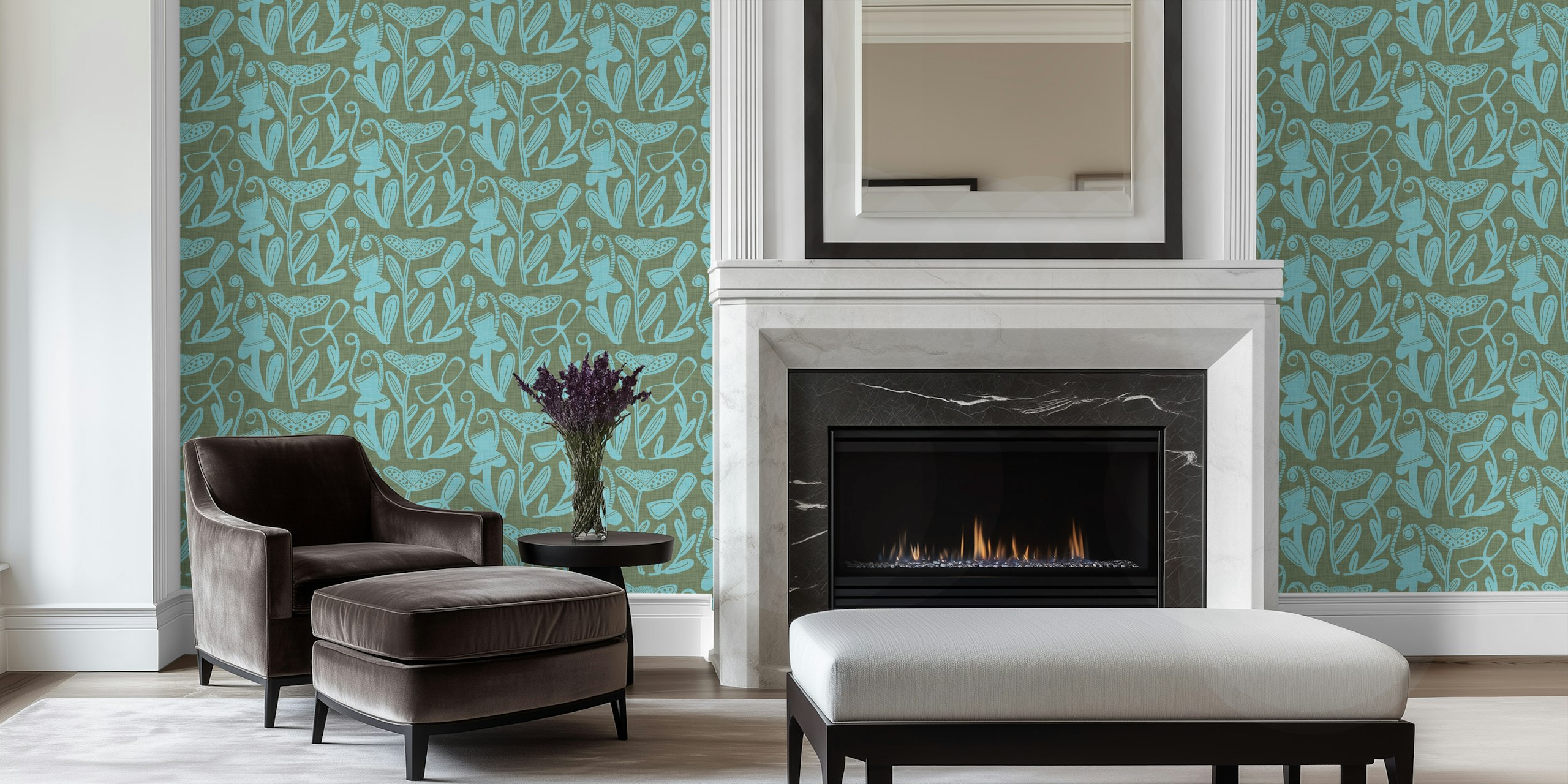 Blue floral pattern with bold designs on sage wallpaper