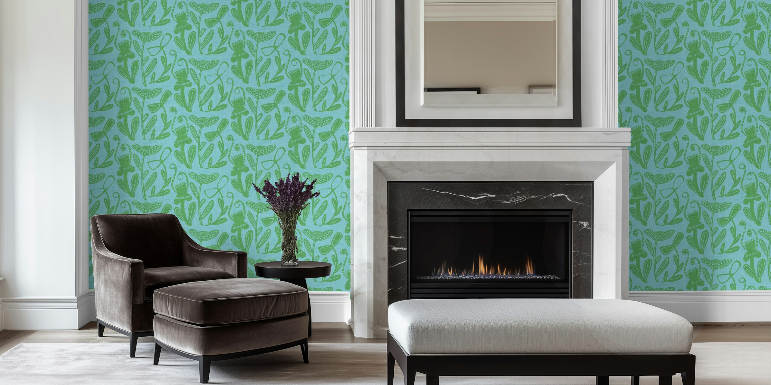 Light blue and green floral bohemian-style wall mural