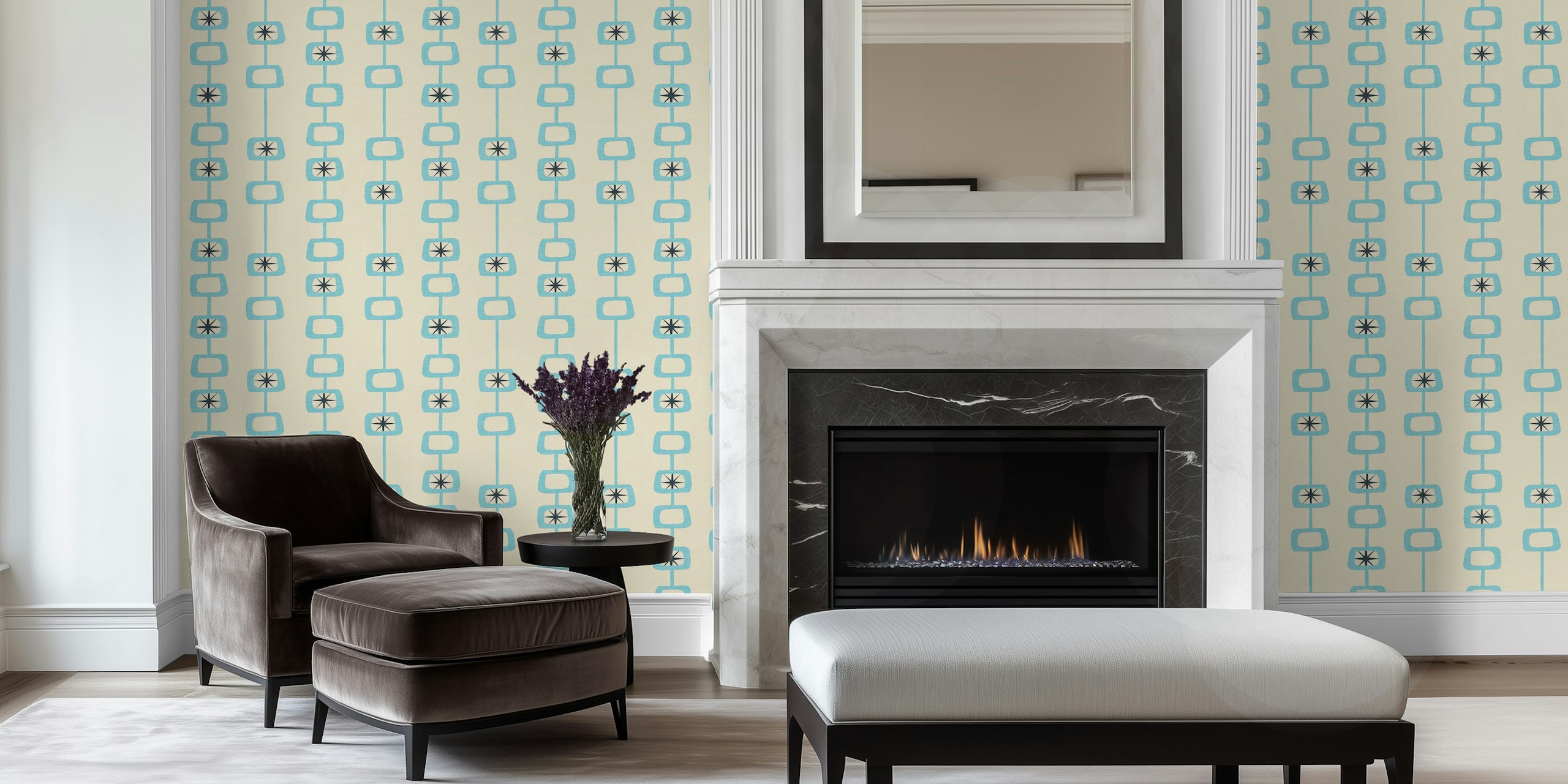 Geometric shapes in blue and black on a cream background wallpaper