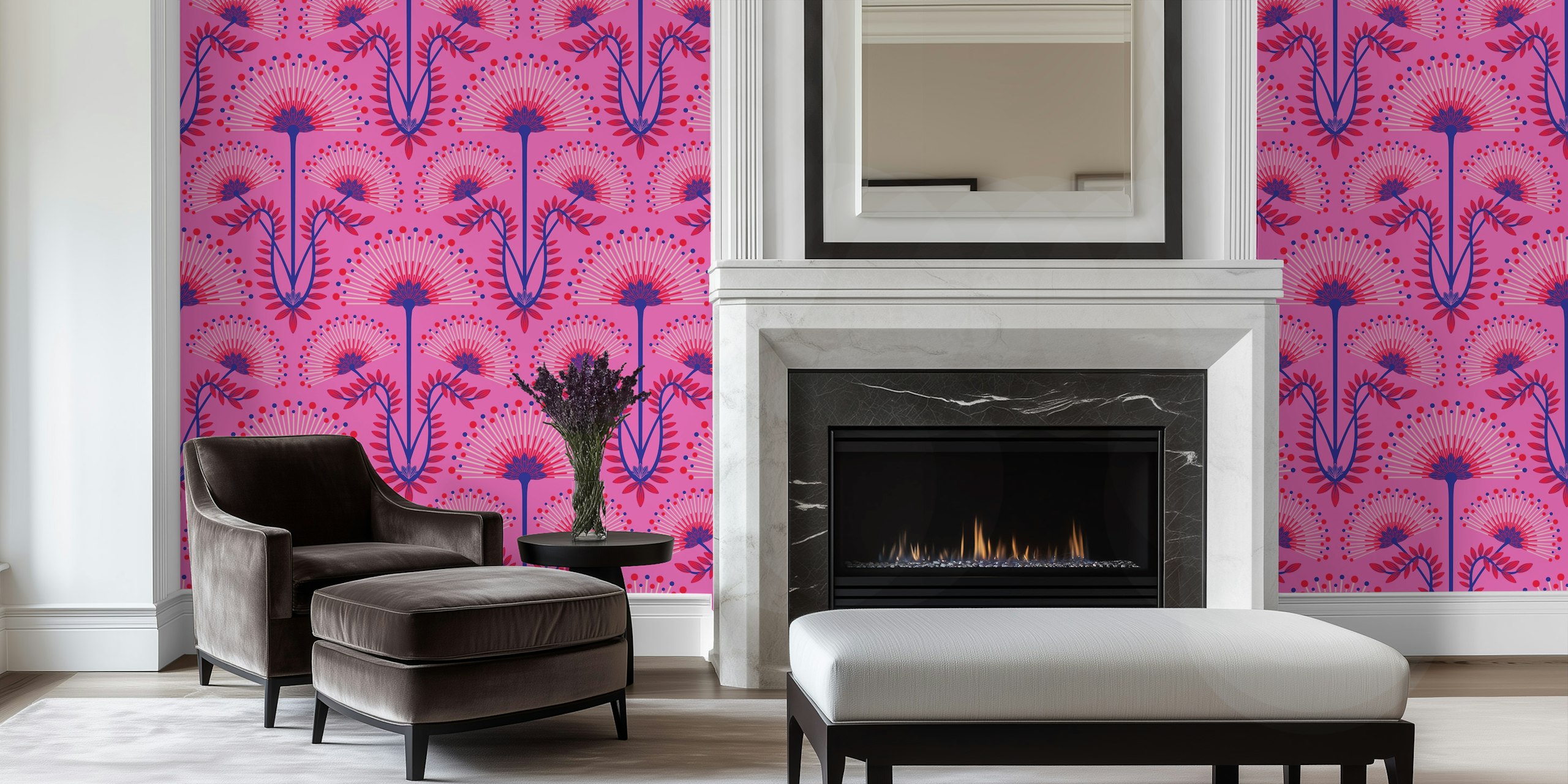 Vibrant fuchsia pink floral wallpaper design