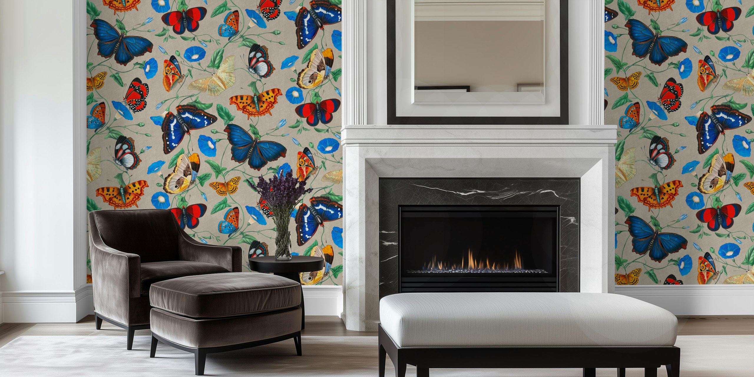 Butterfly wall mural featuring morning glory flowers in greige tones