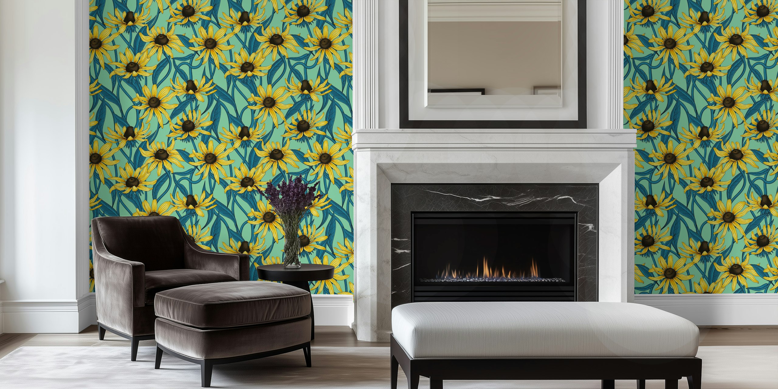 Yellow rudbeckia flowers on a jade green background wall mural