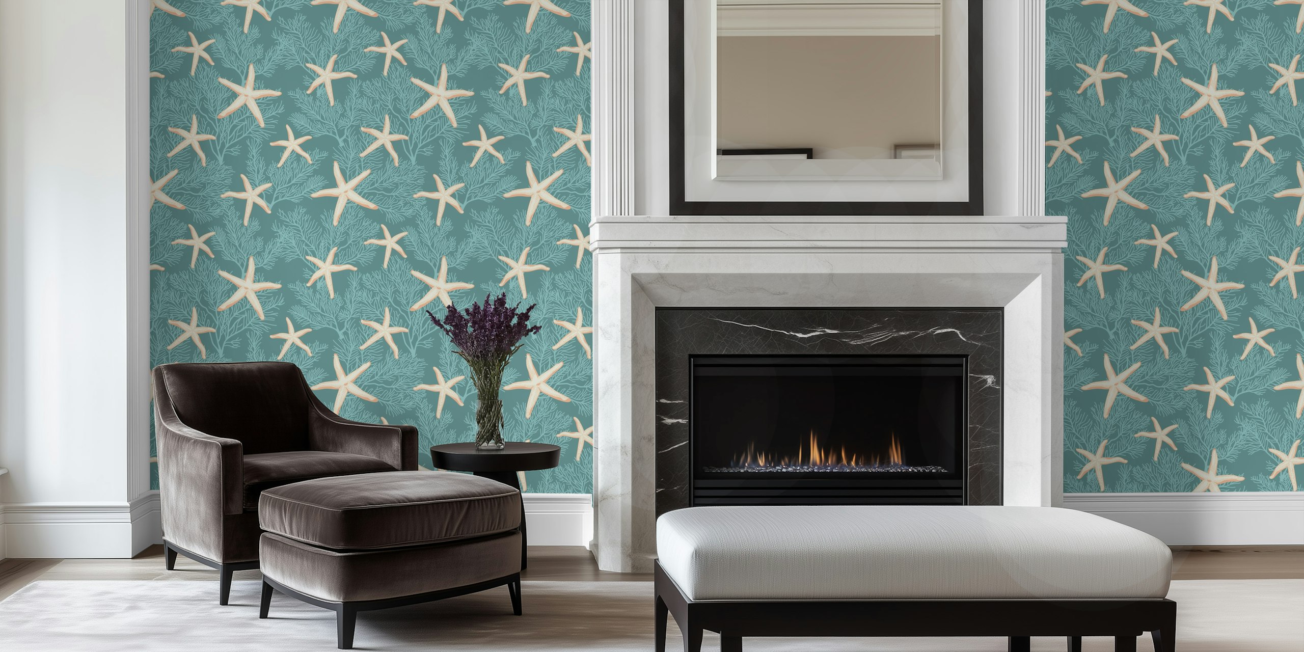 Tropical starfish pattern on light opal green wallpaper