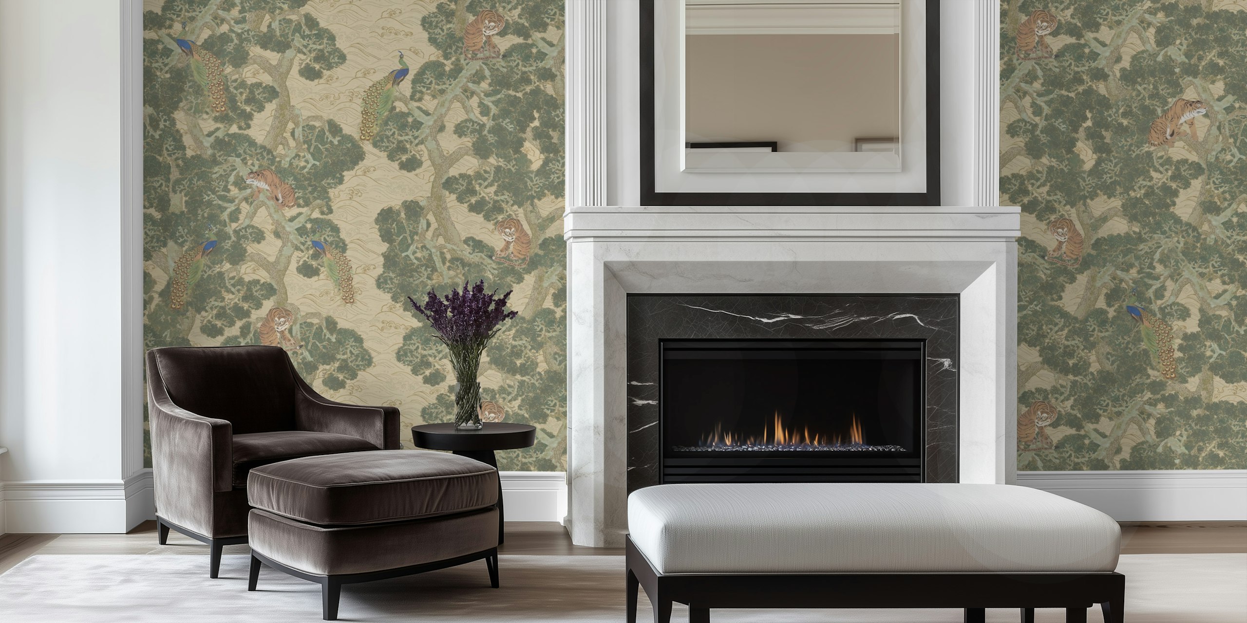Vintage wallpaper featuring tigers and peacocks in earthy tones