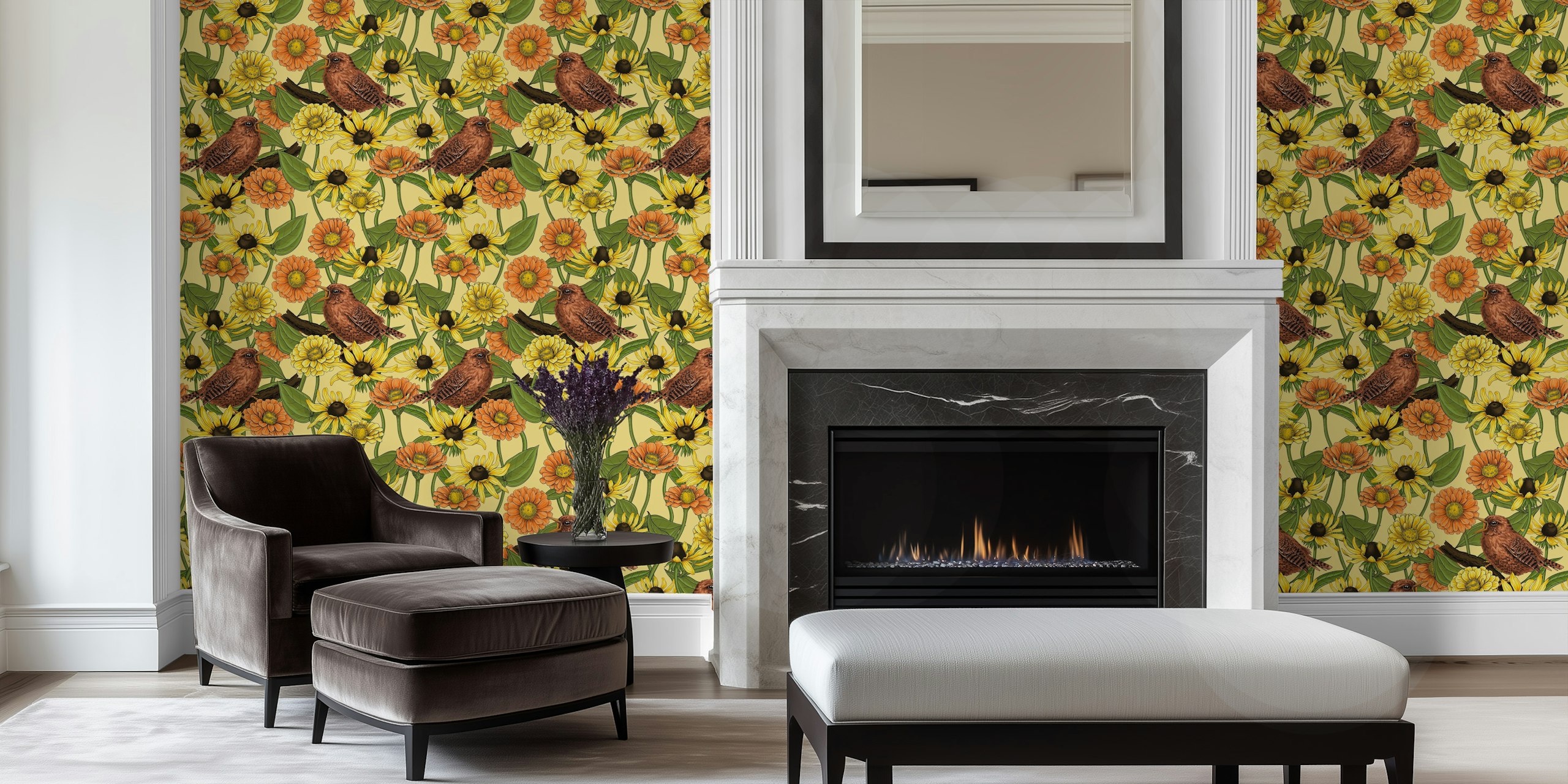 Wrens and colorful flowers on pale yellow background wallpaper