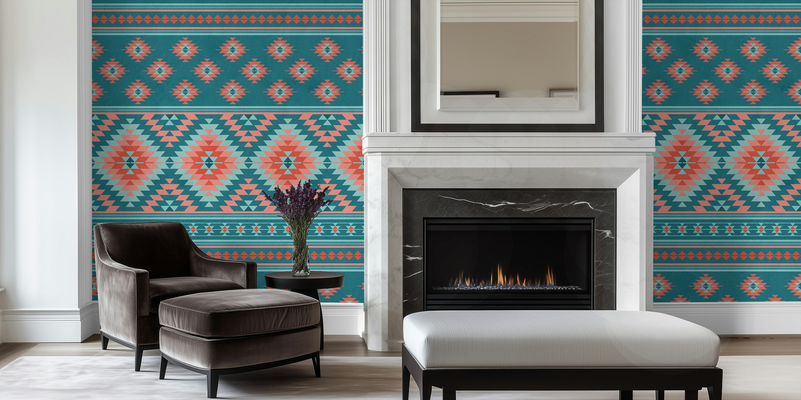 Kilim striped wallpaper in teal blue and coral red colors