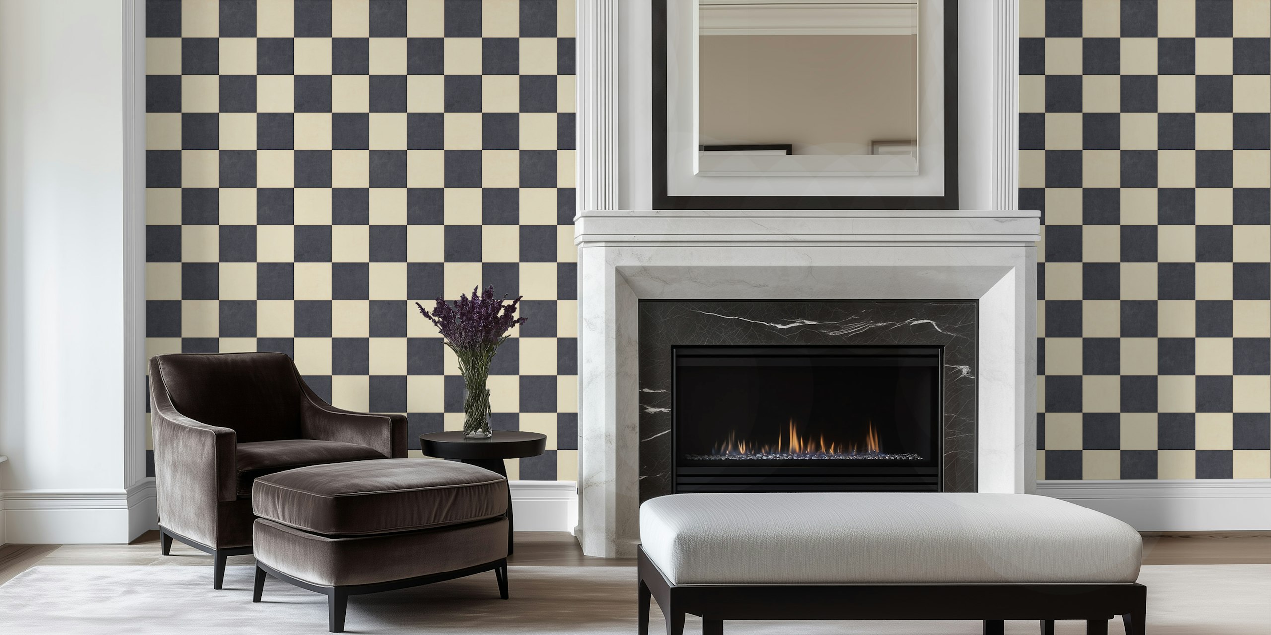 Checkerboard pattern in black and beige wallpaper