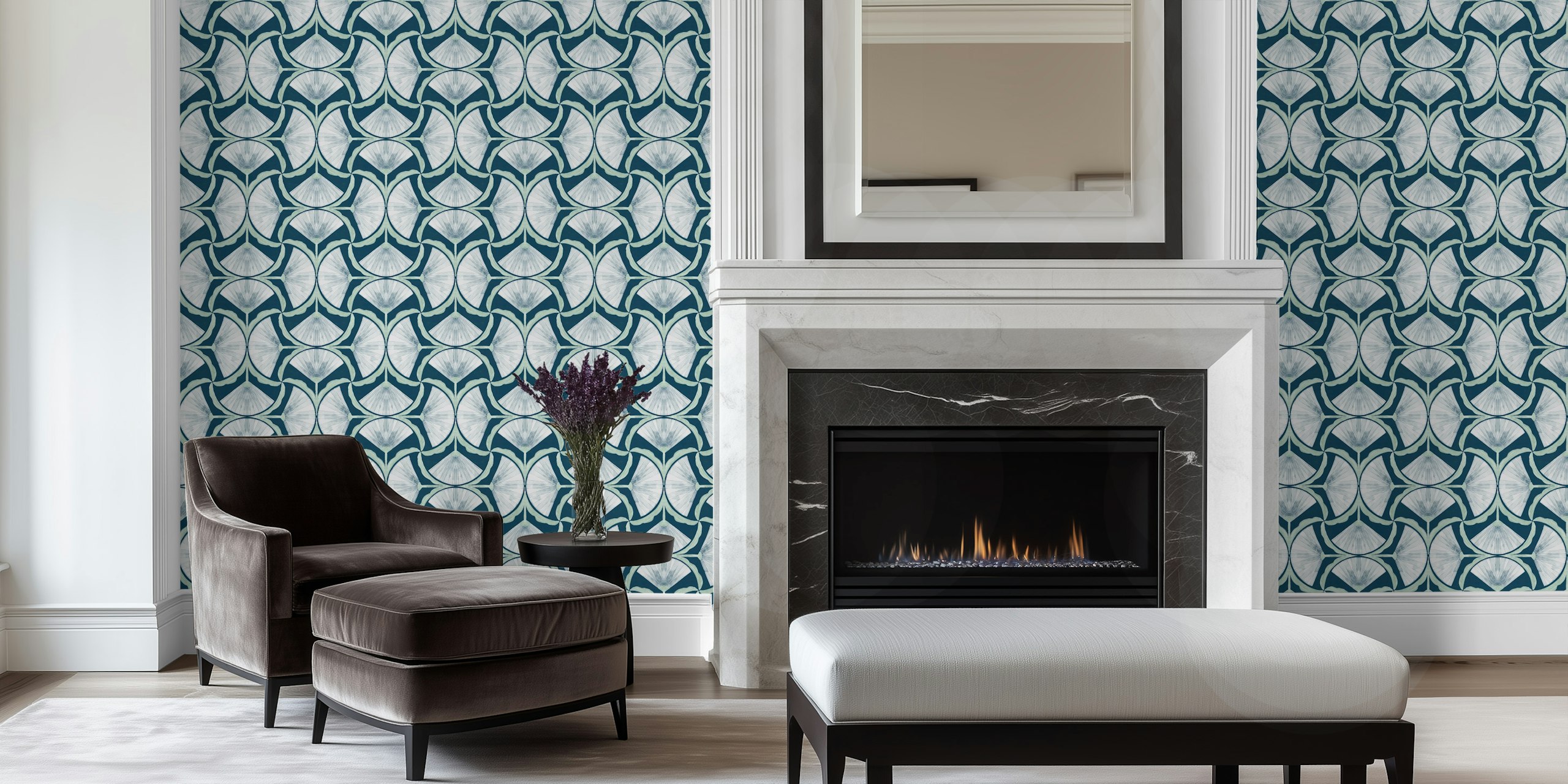 Whimsical Blooms: Hand-Drawn Symmetrical Flowers Pattern on dark blue background i ett rum