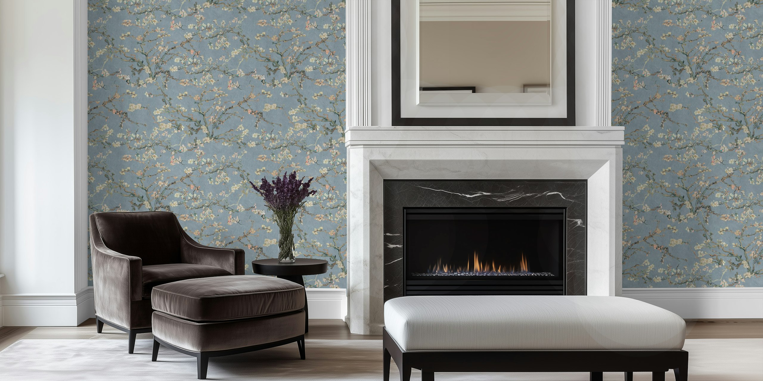 Van Gogh inspired Almond Blossom wall mural with pigeon blue, blush pink, and olive cream tones