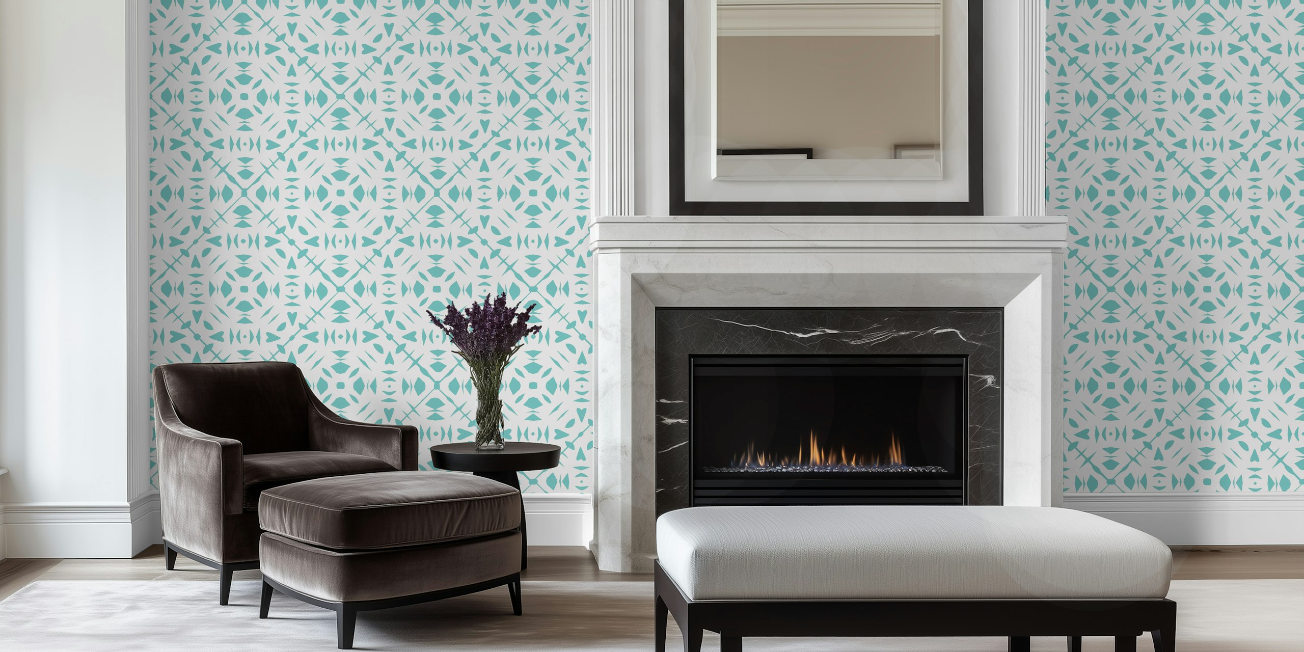 Geometric turquoise and beige pattern wallpaper
