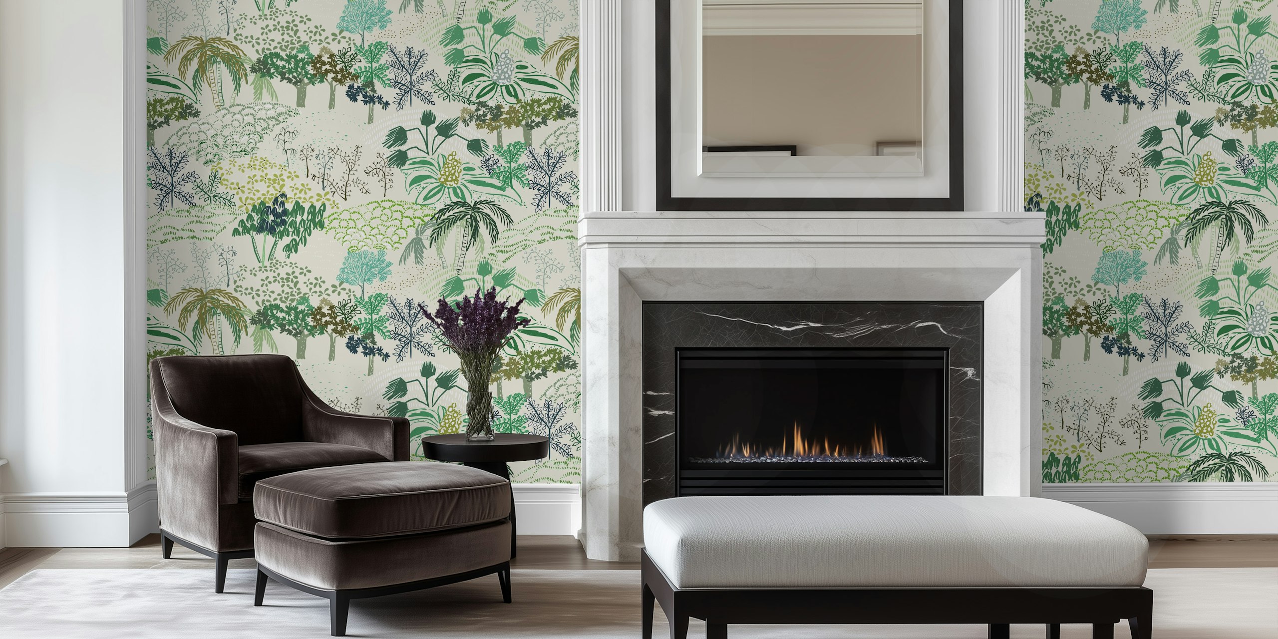 Italiensk landskap grön tapet i ett rum