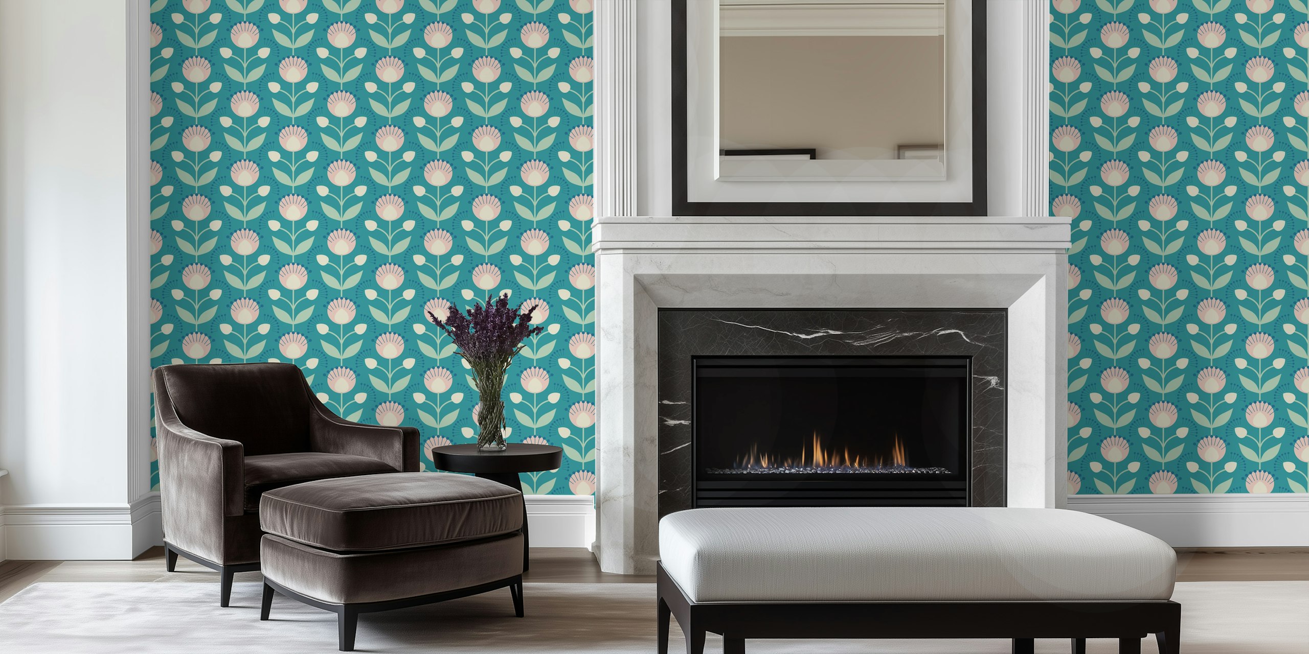 Maximalist floral retro aqua wallpaper design