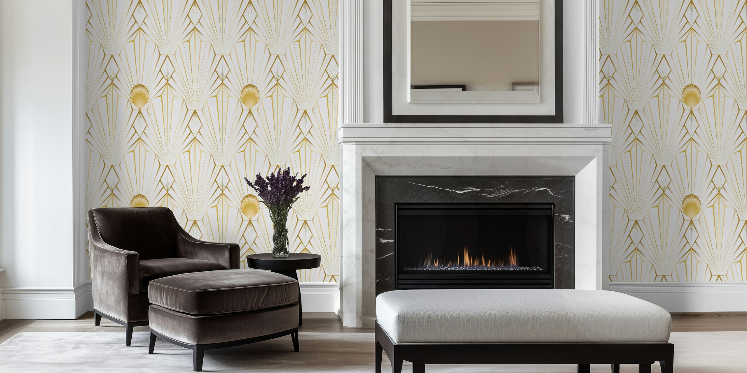 Modern Art Deco Shells - Gold on White marble τοίχος φόντου
