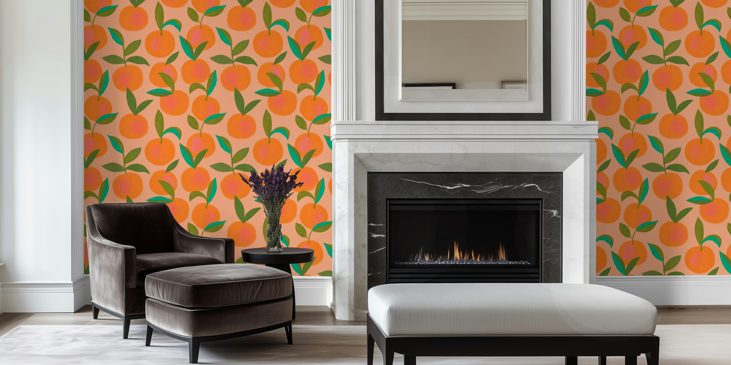 Orange citrus fruits with green leaves on soft peach background wallpaper