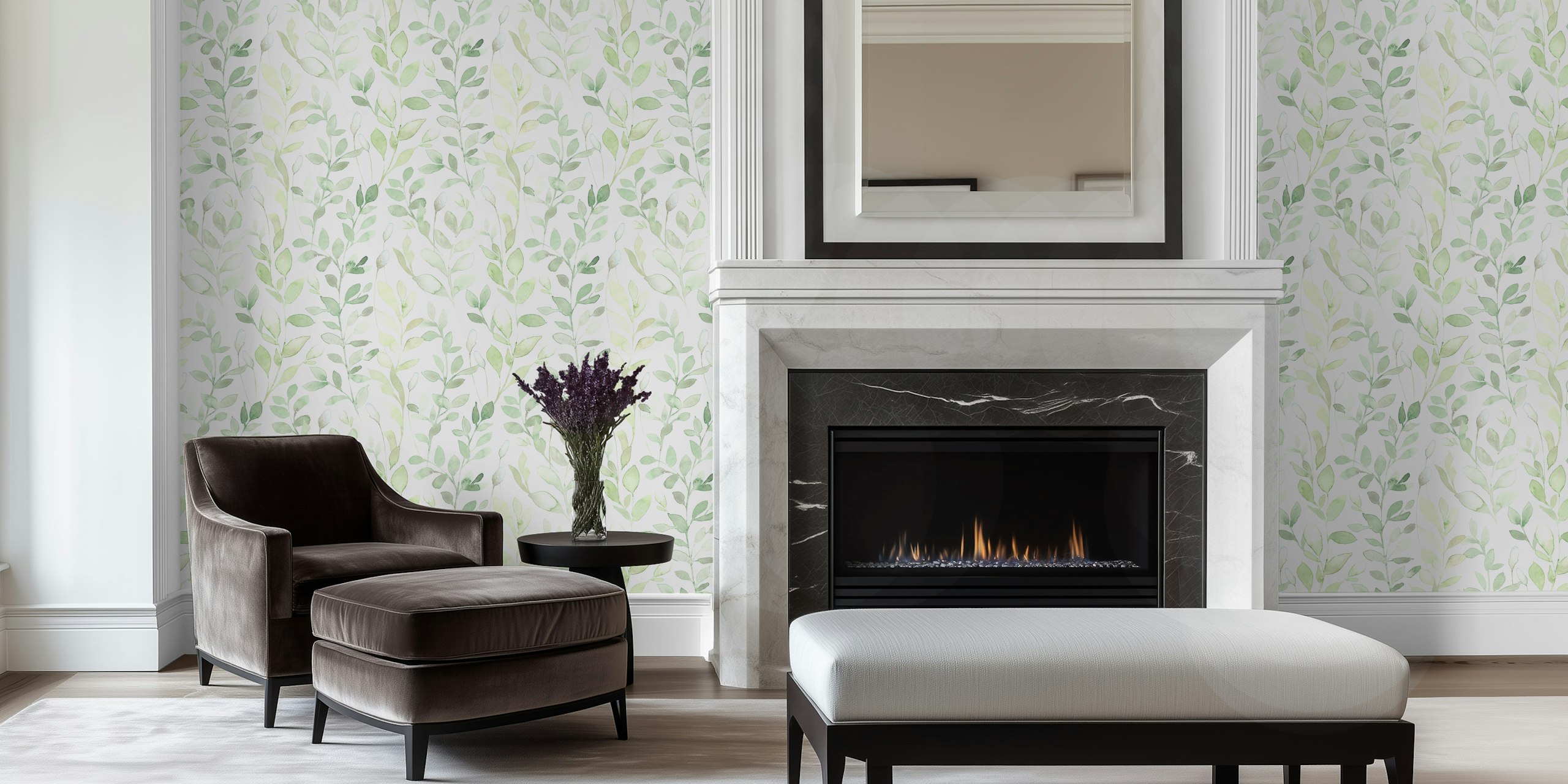 Papel de parede com folhas verdes claras que traz um toque de natureza serena à sua decoração