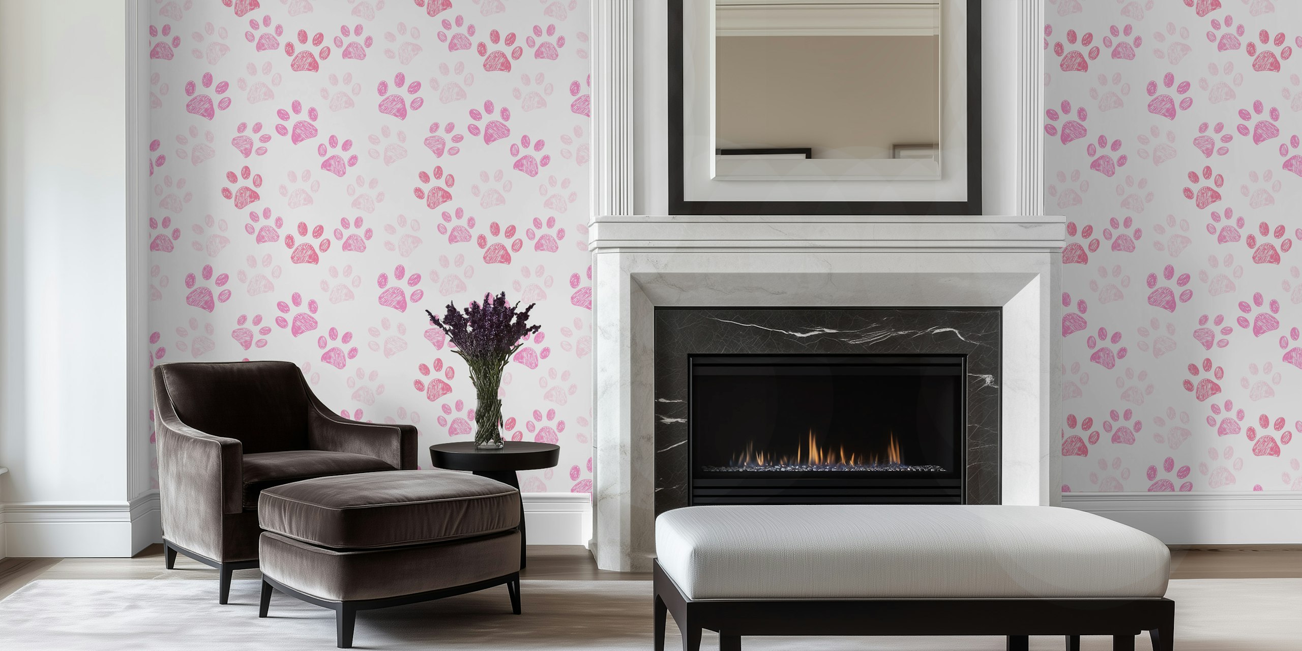 Pink paw prints pattern on a white background wallpaper