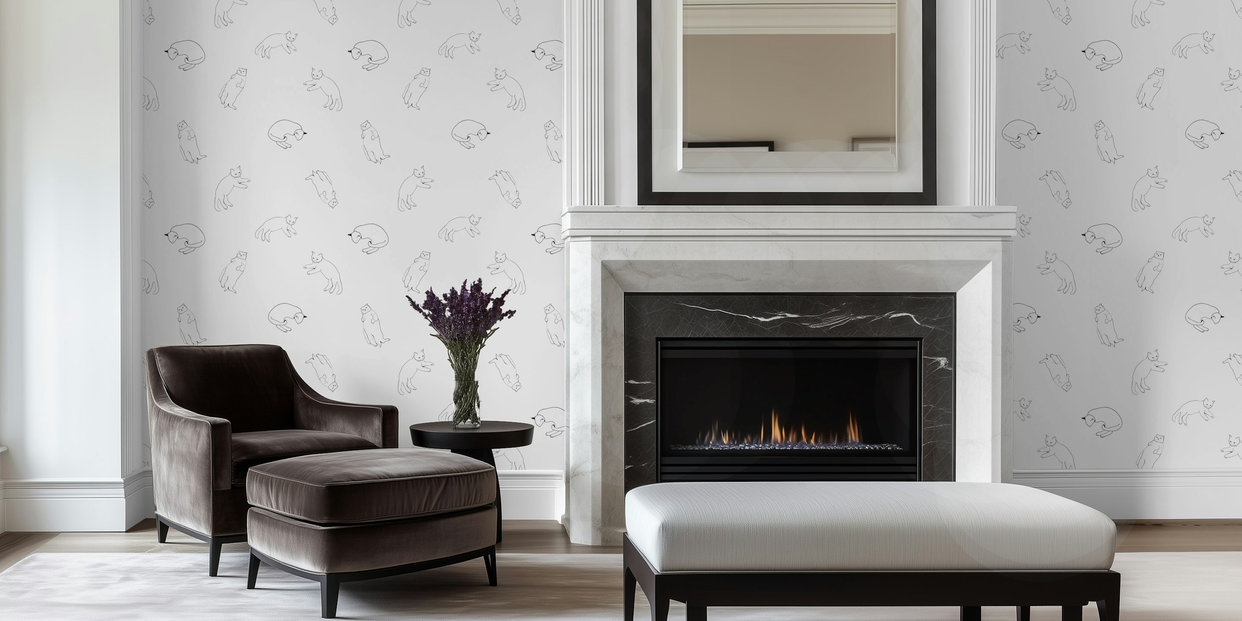 Seamless cat pattern in black outlines on white wallpaper