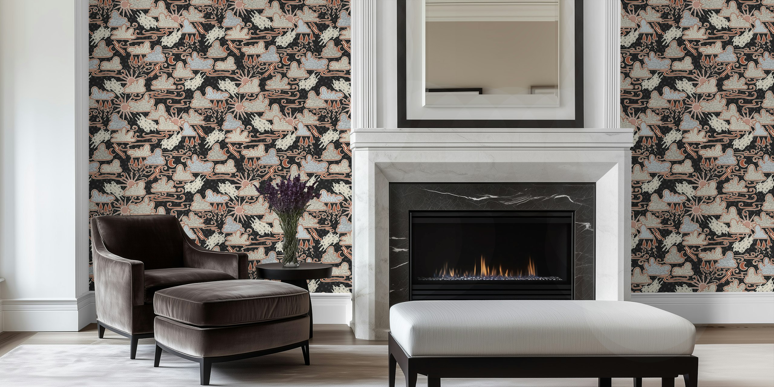 Whimsical clouds wallpaper in a room