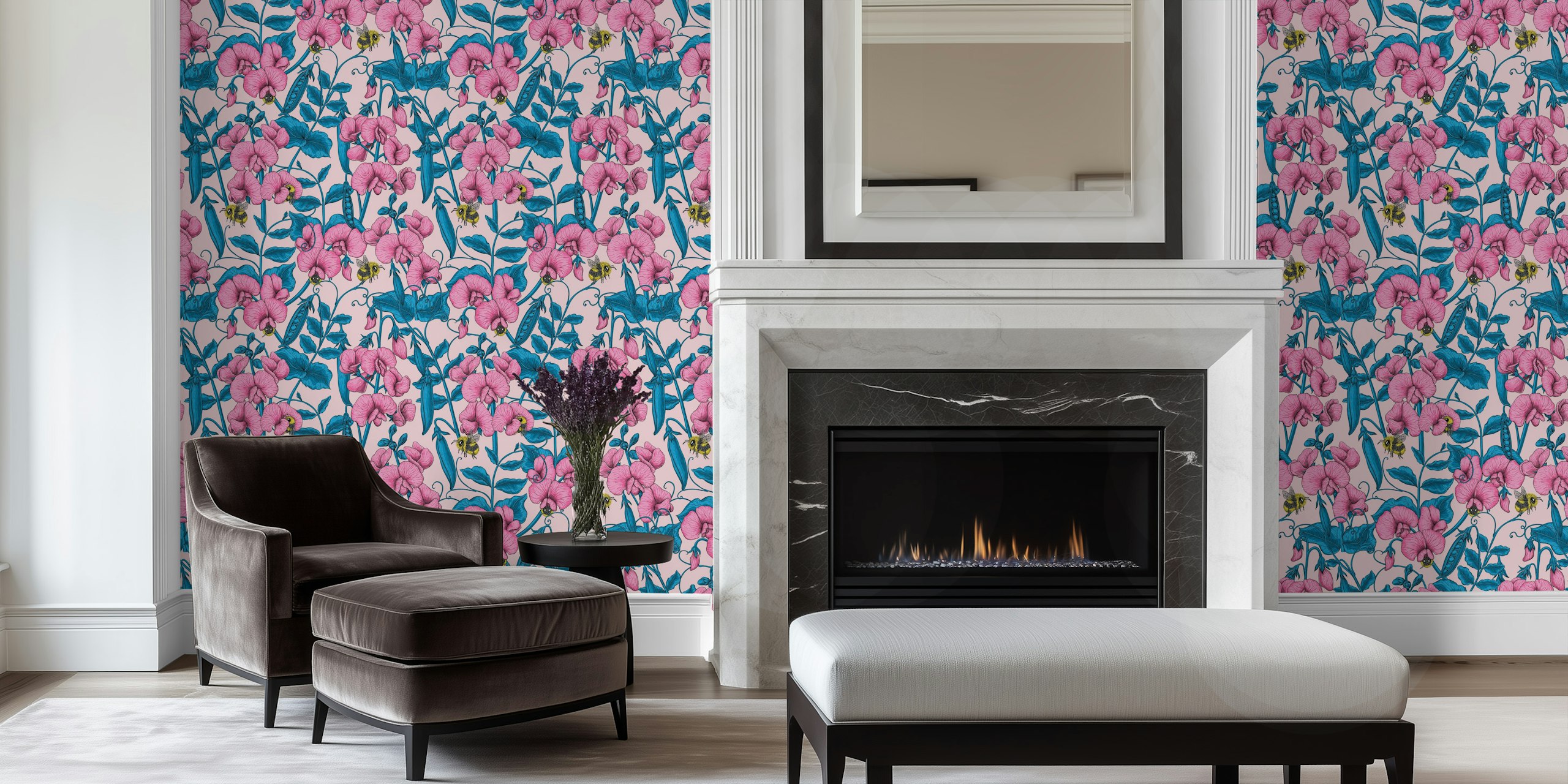 Pink floral pattern with sweet peas and bumblebees wallpaper