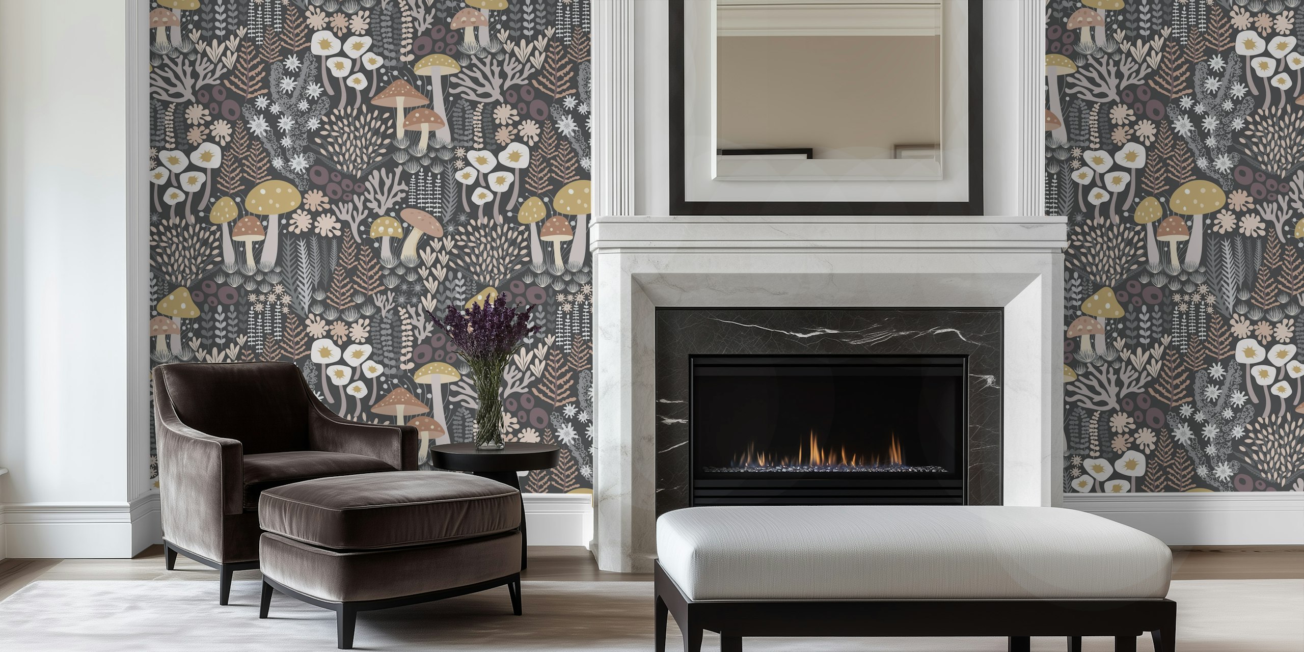 Whimsical mushroom moss forest wallpaper in a room