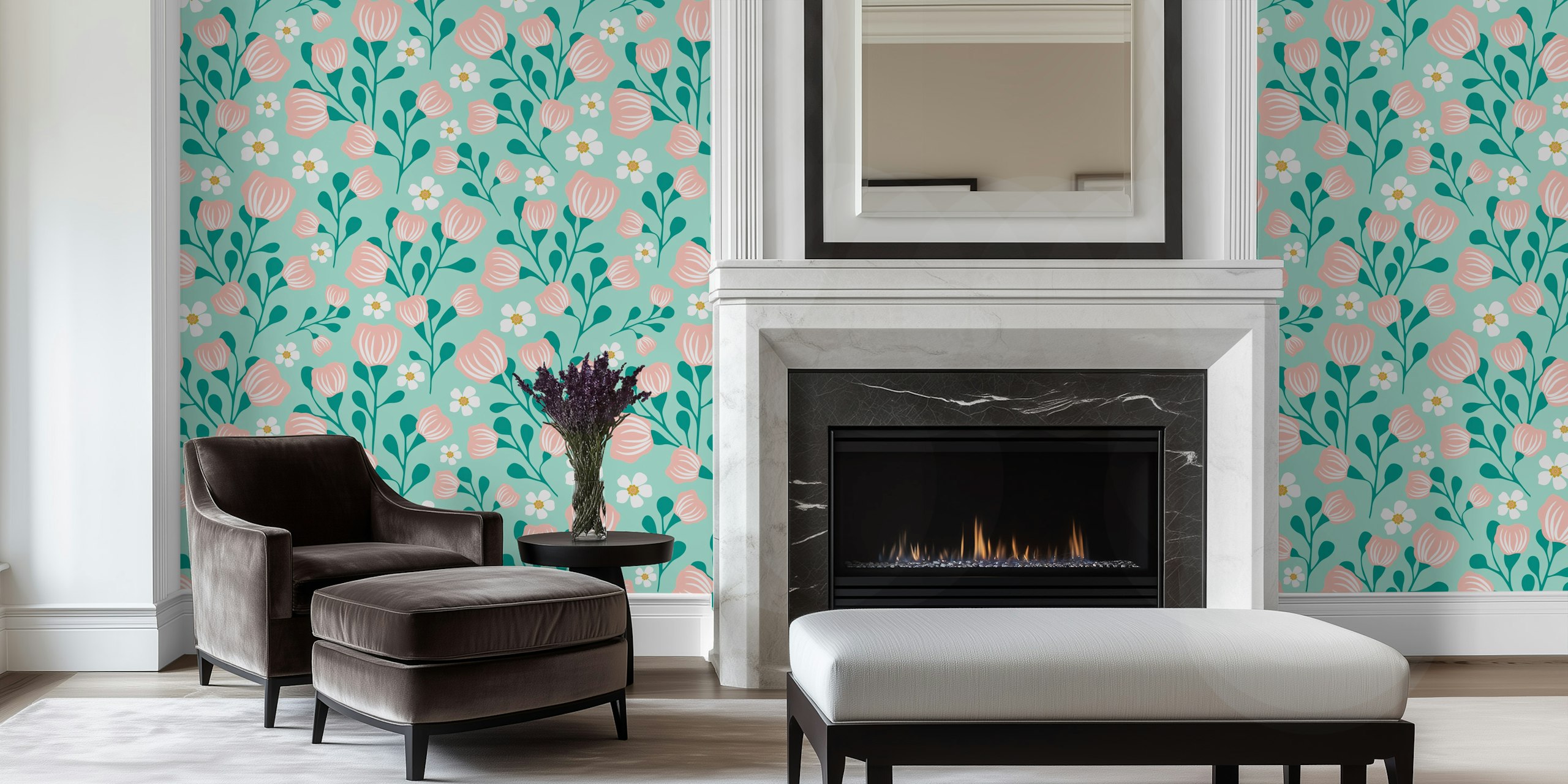 Floral wallpaper in a light blue pattern