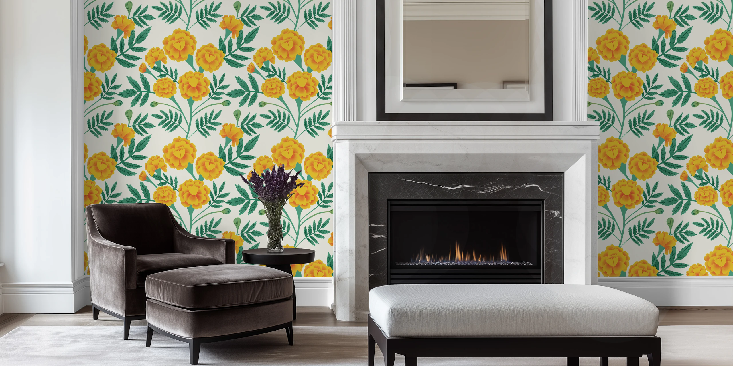 Yellow Floral Wallpaper on Light Green Background