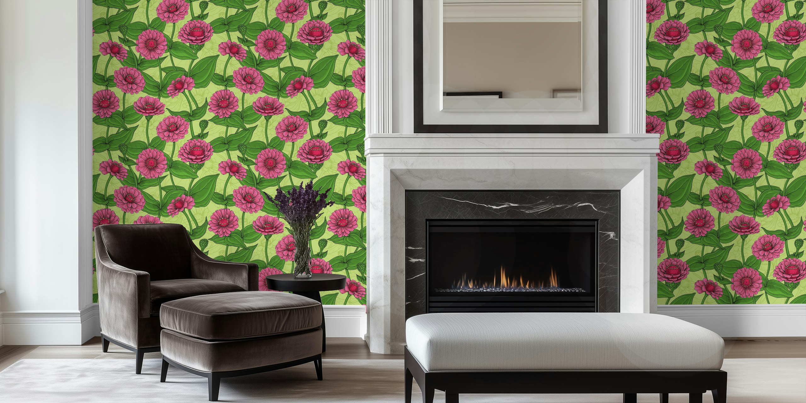 Pink zinnias with green leaves pattern on a light green background wall mural