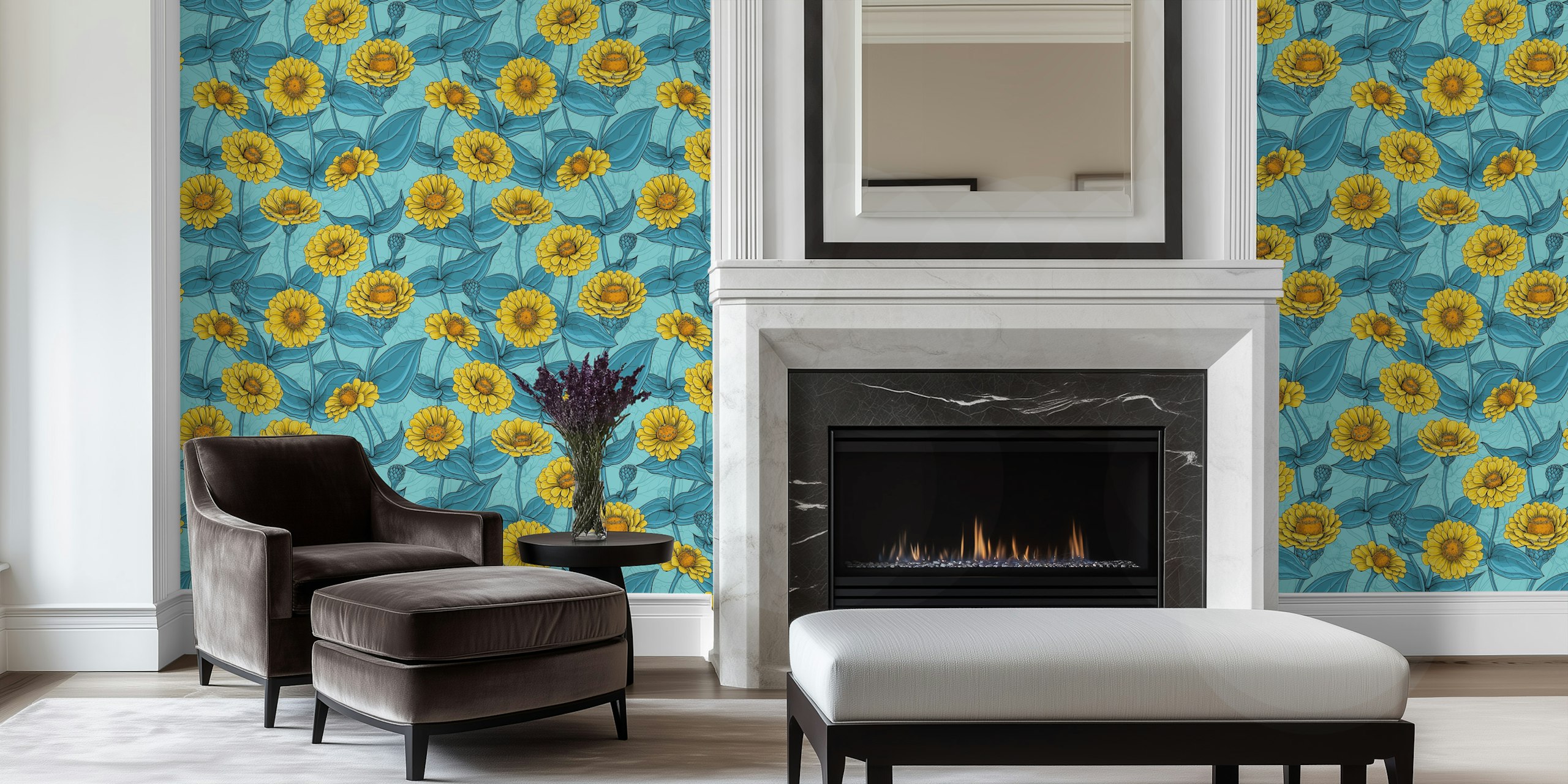 Yellow zinnias wallpaper in a room
