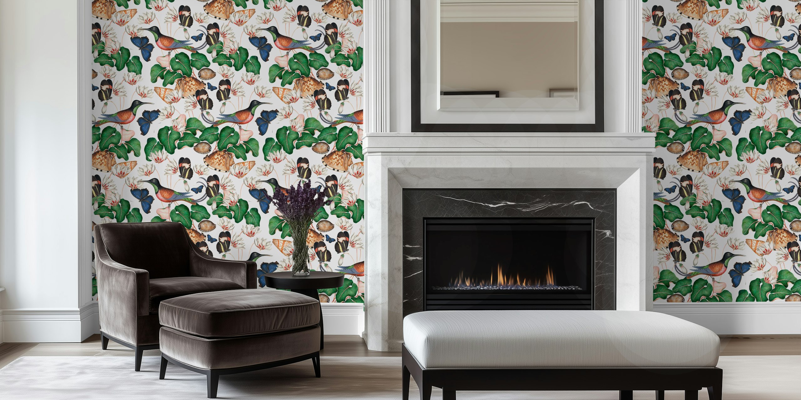 Exotic vintage wall mural featuring hummingbirds and jungle flora
