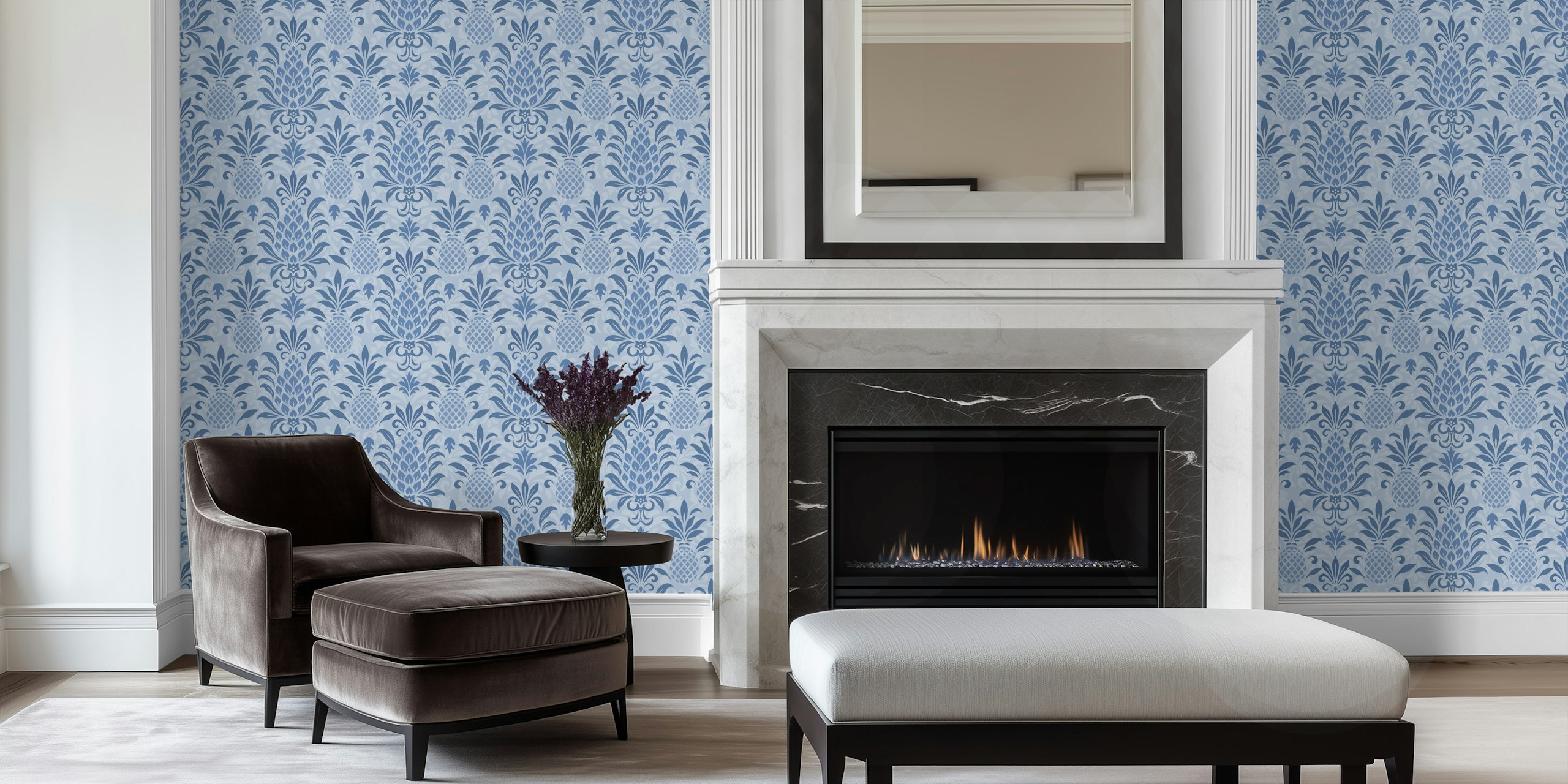 Design de papel de parede damasco de abacaxi azul índigo