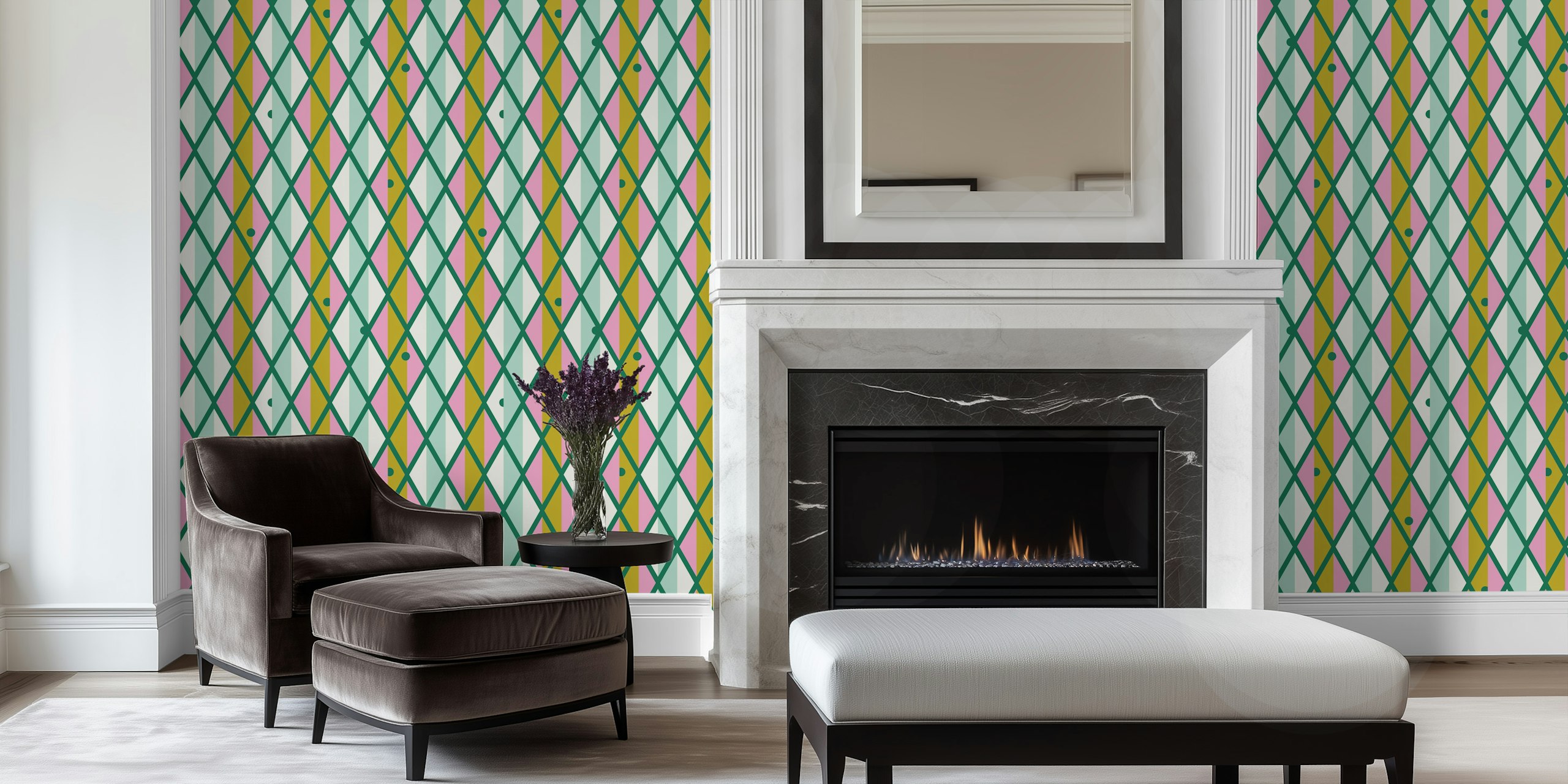 Harlequin pattern in green, mint, and pink wallpaper